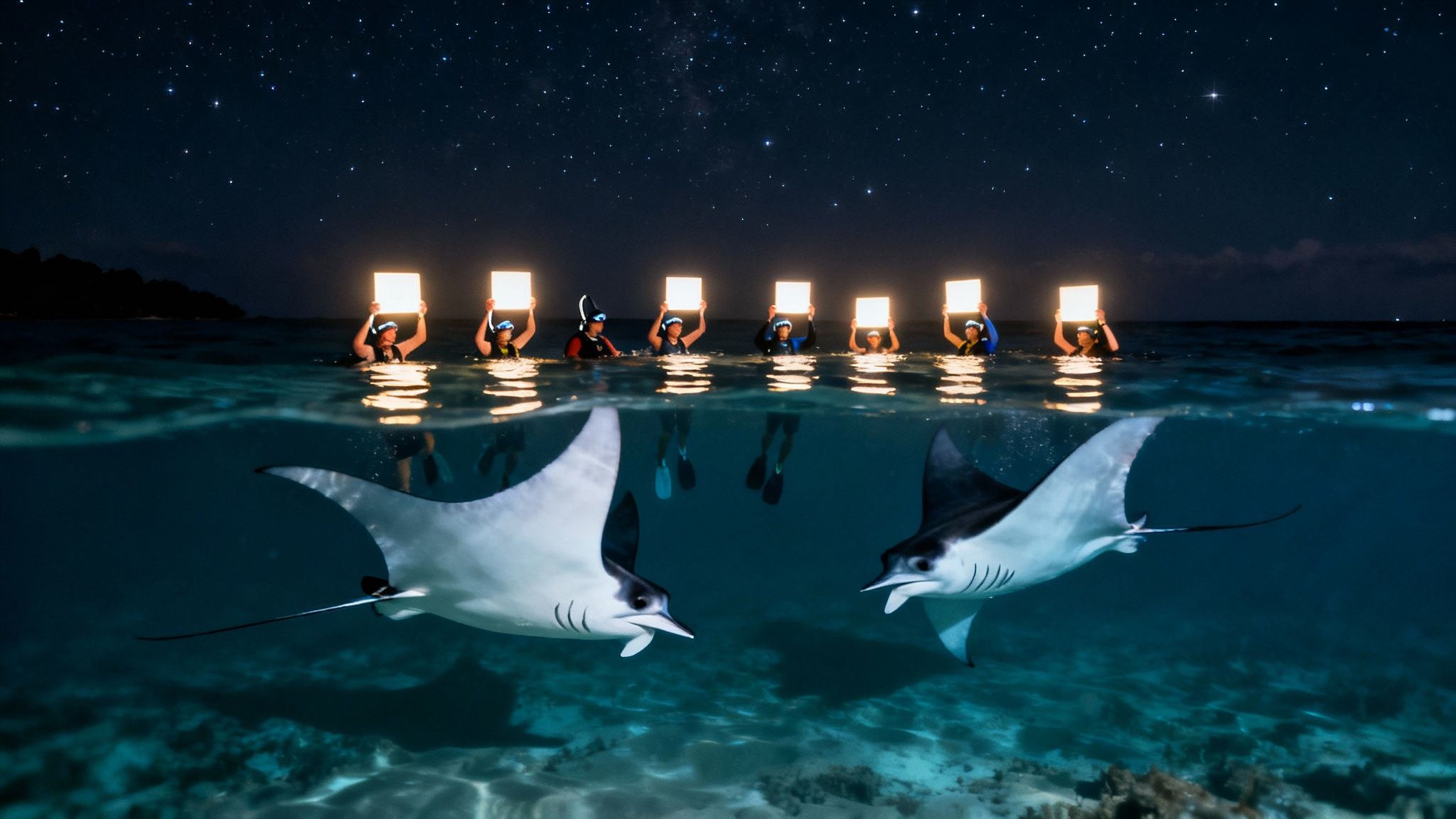 Tourists snorkel at night with glowing boards, attracting two majestic manta rays under a starry sky.