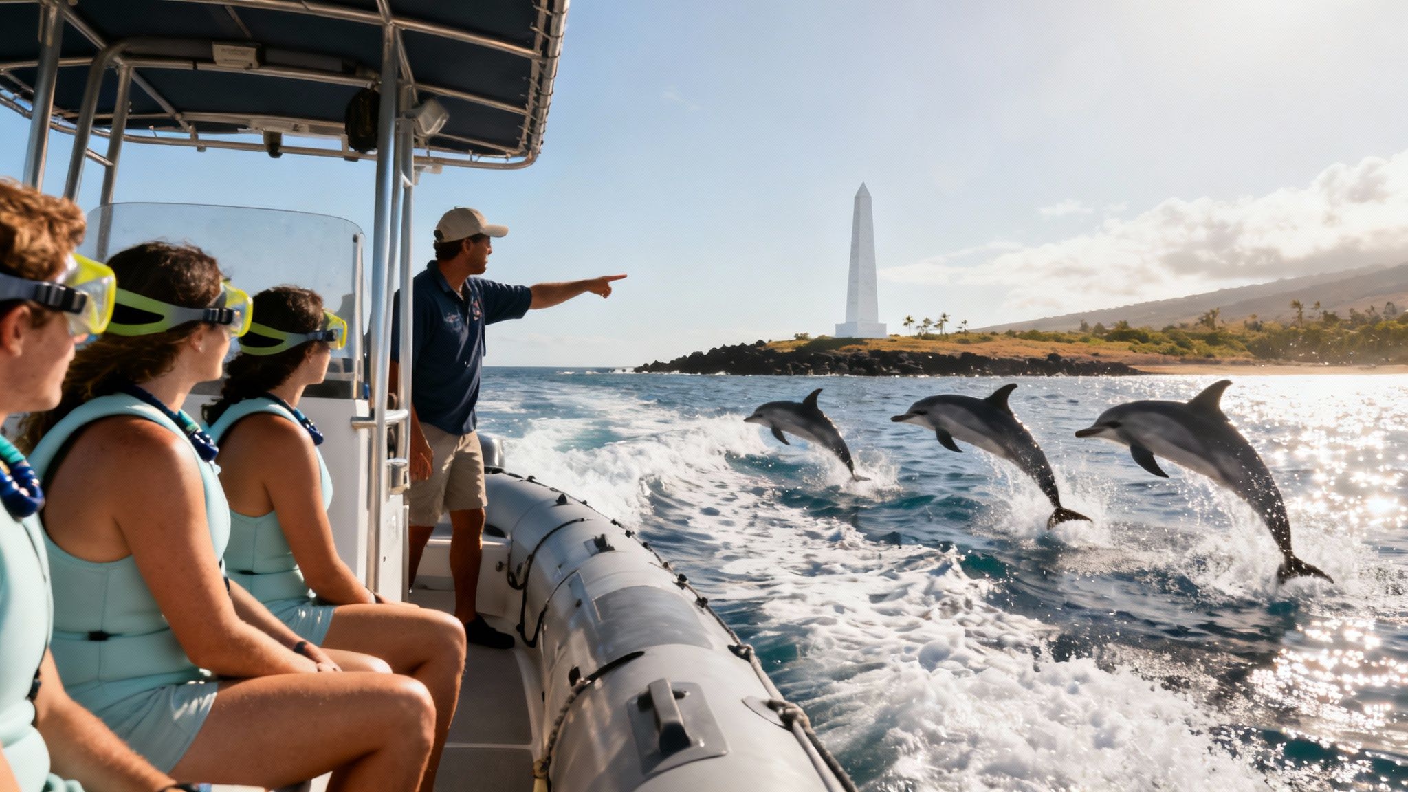 Snorkelers on a boat watch a guide point to three dolphins leaping from the ocean near a white monument.