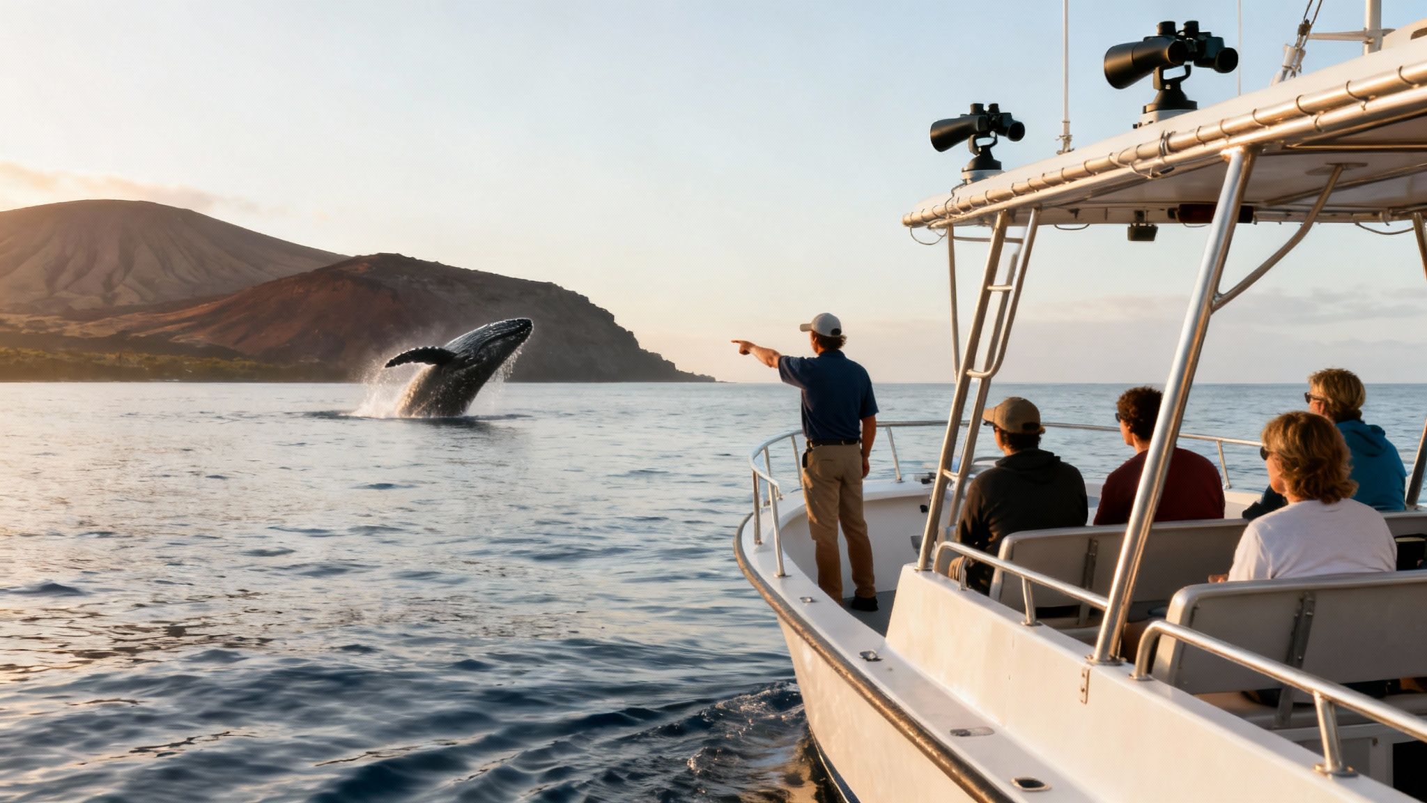 A group on a whale watching boat observes a humpback whale breaching from the ocean at sunset.