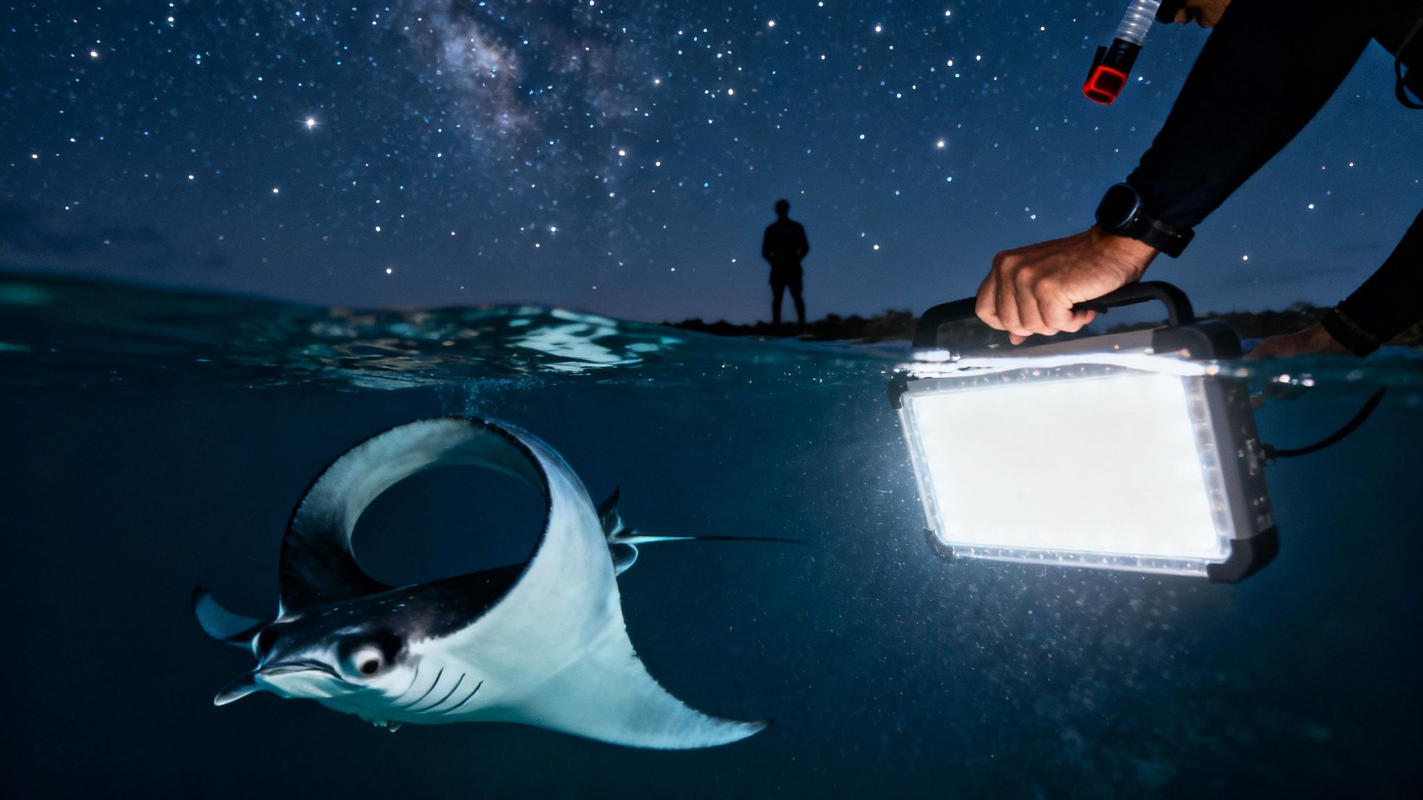 A group of snorkelers holding onto a light board as a manta ray swims just below them