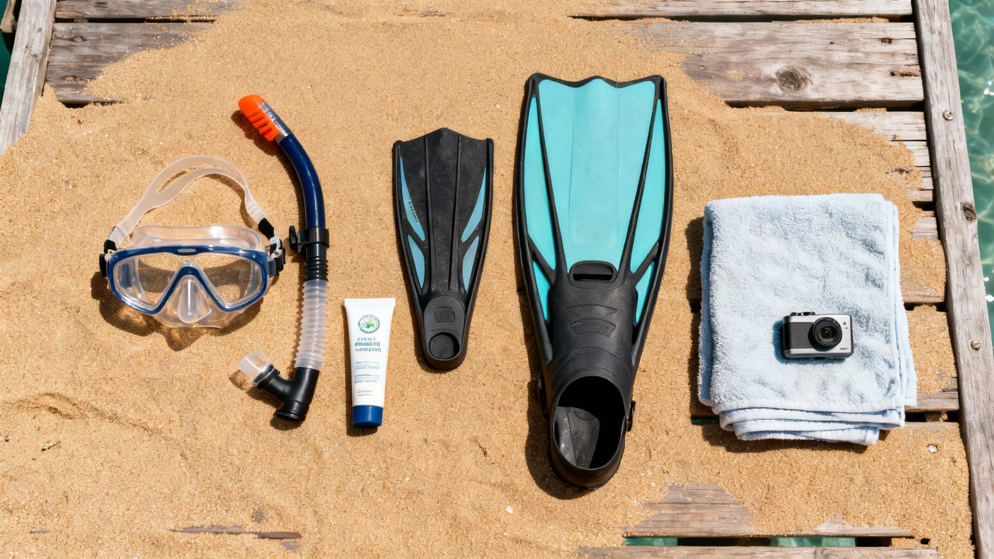 Snorkeling gear, sunscreen, a towel, and a waterproof camera laid on sand on a wooden pier by the sea.