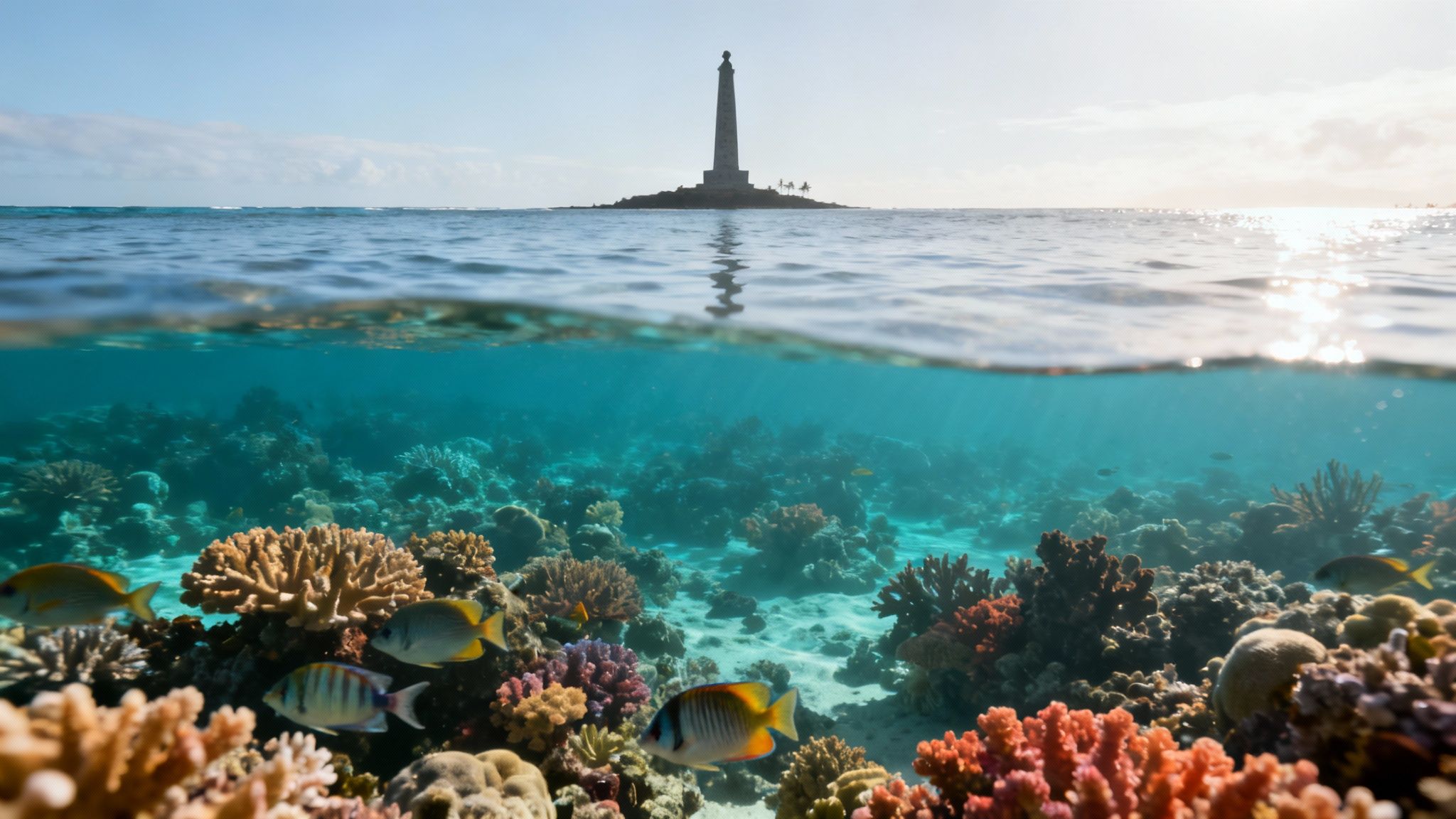 A view of the Captain Cook monument from the water, with snorkelers in the clear turquoise bay.