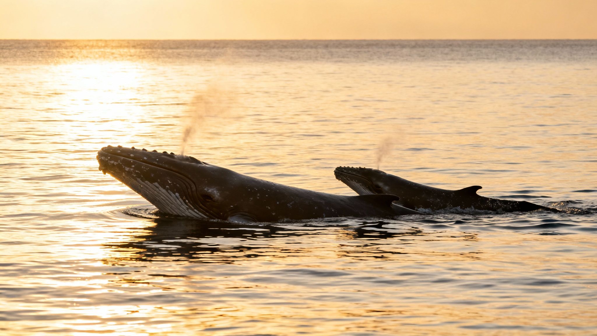 A mother humpback whale and her calf spouting water in the golden ocean at sunset.