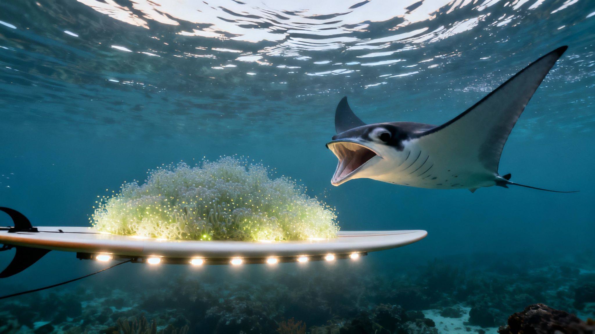 A manta ray with open mouth approaches a brightly lit surfboard covered in glowing marine life underwater.