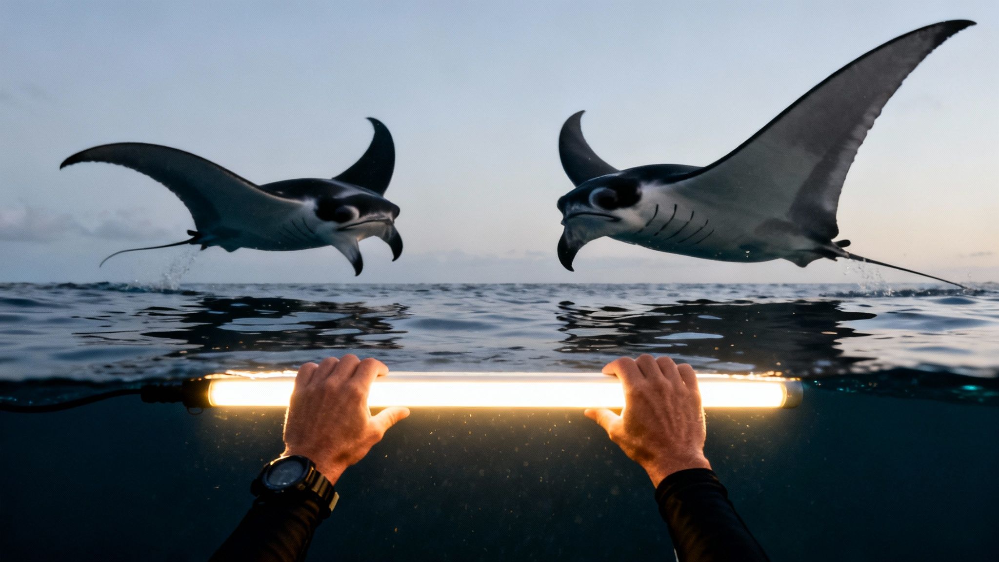 Two majestic manta rays swim gracefully above the ocean surface, attracted by a diver's underwater light.