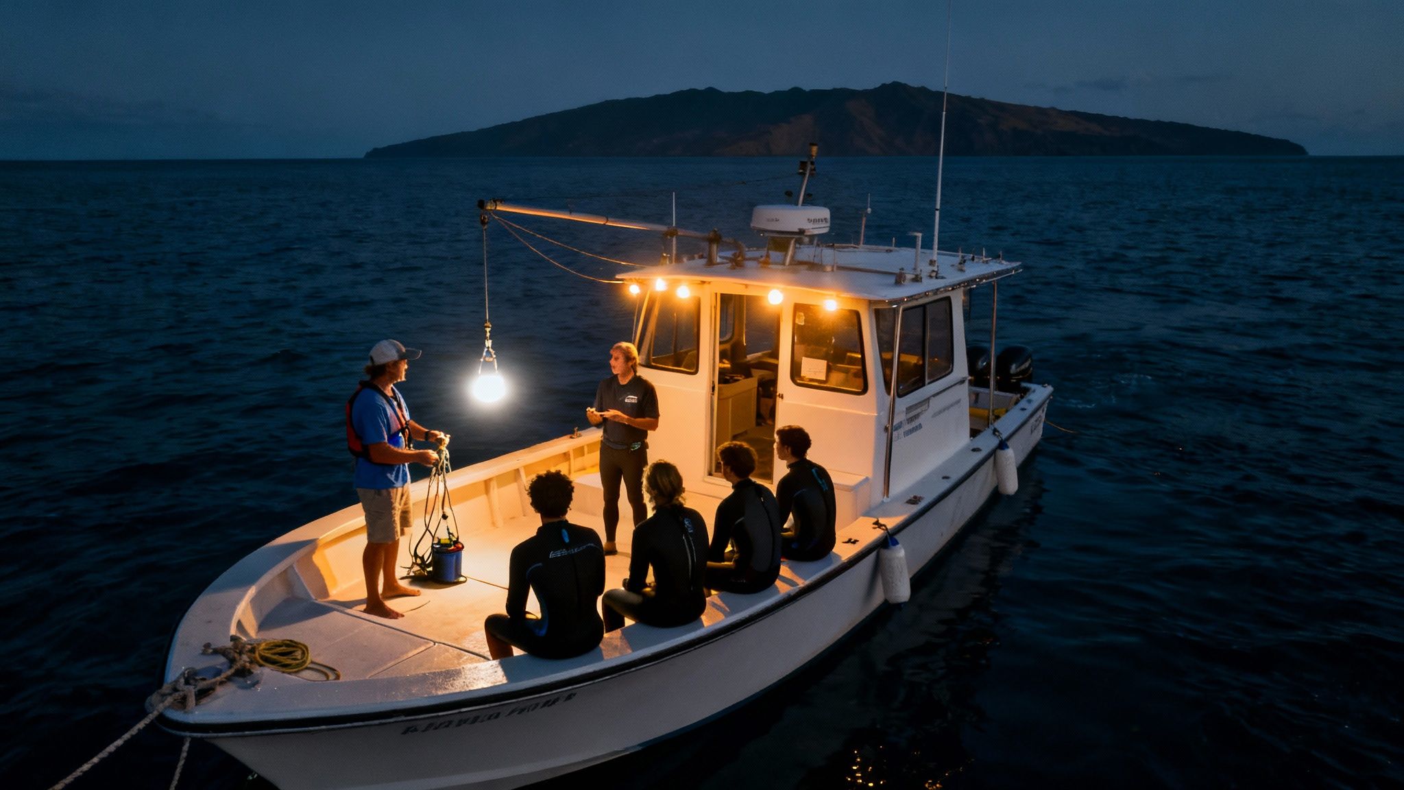 People on a boat at night with a bright light illuminating the ocean, preparing for a marine activity.