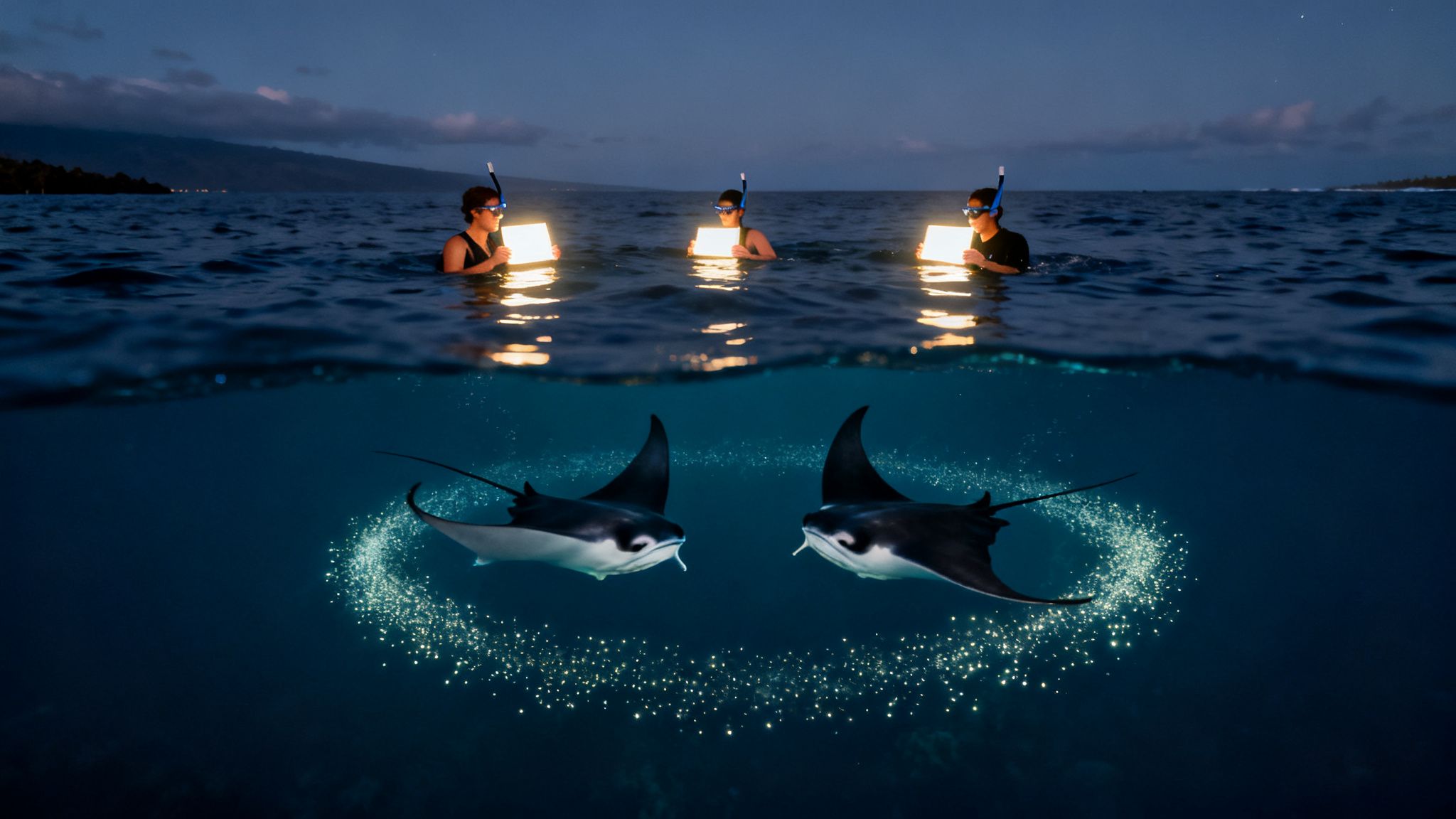 Split shot of snorkelers illuminating manta rays at night with bioluminescent plankton.