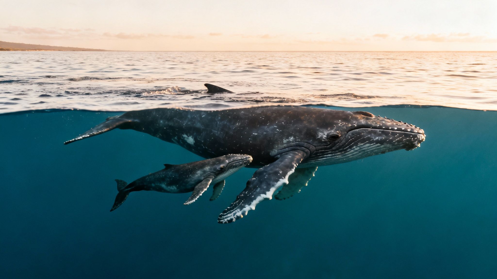 An underwater and above water split shot of a mother humpback whale and her calf swimming.