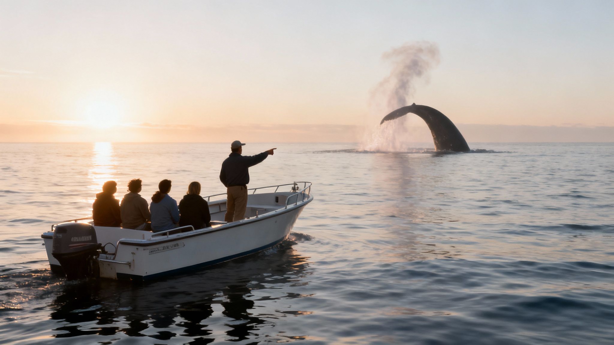 People on a boat watch a humpback whale breaching at sunset, with water splashing.