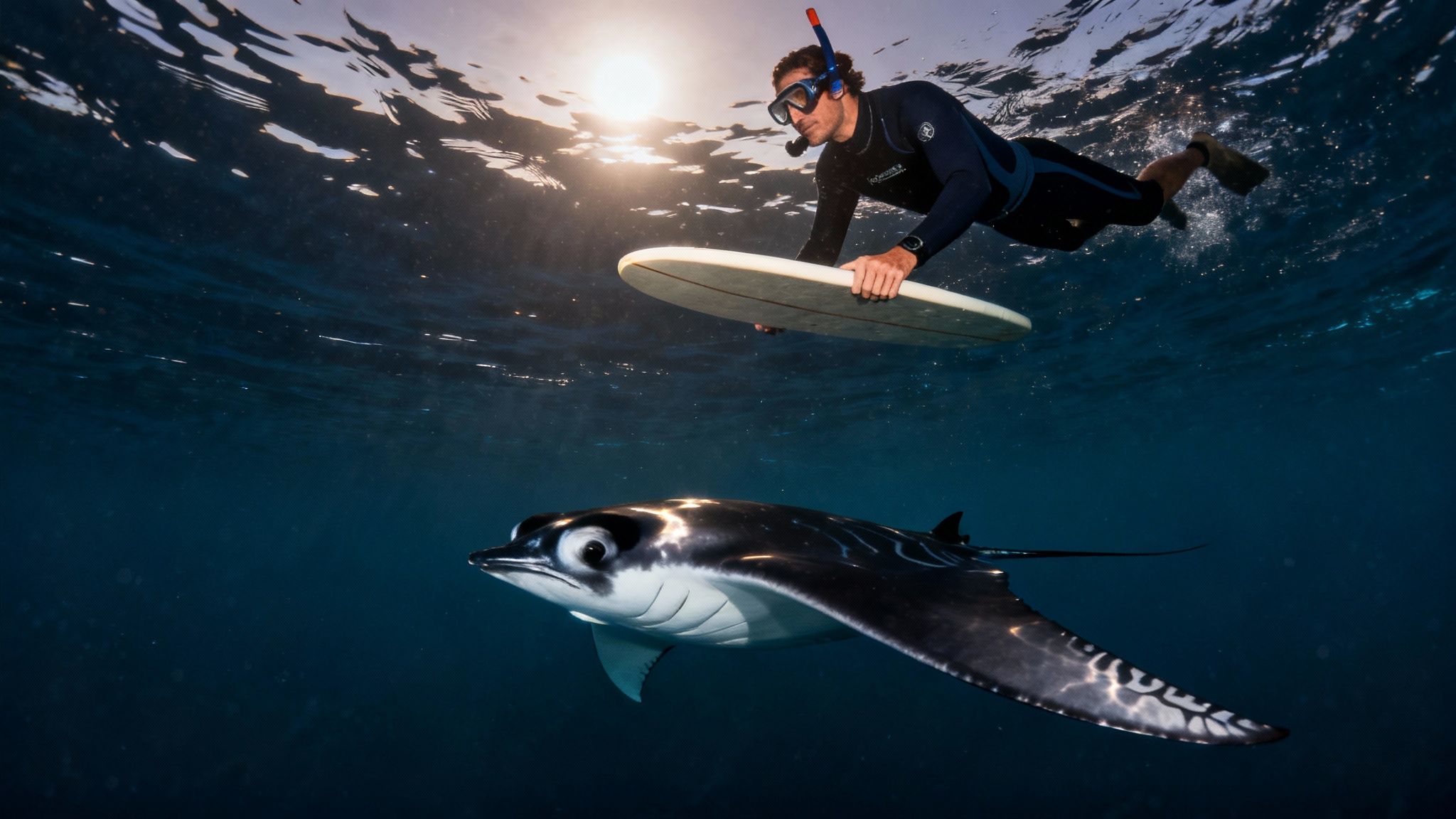 A snorkeler in a wetsuit with a surfboard observes a majestic manta ray swimming gracefully underwater.