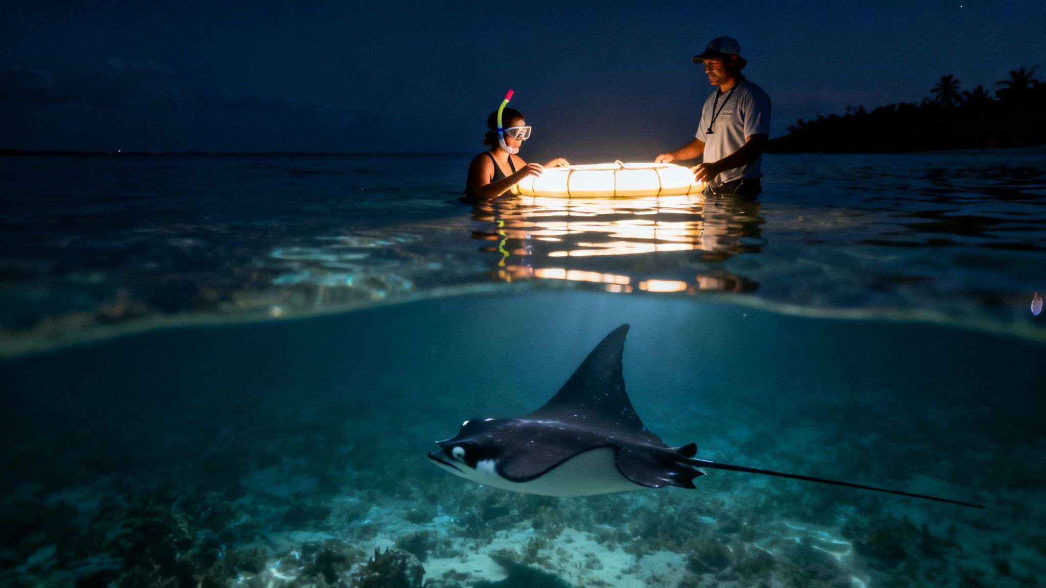 Two people night snorkeling with a glowing ring, observing a manta ray swimming underwater.