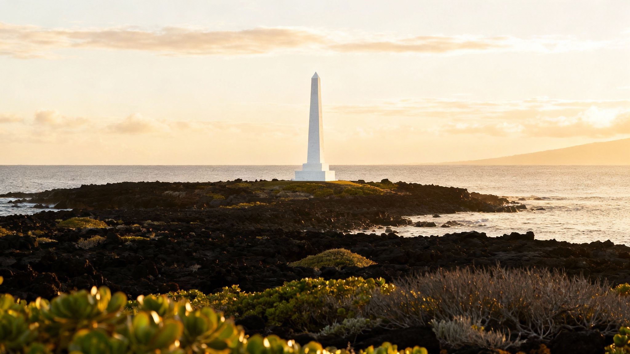 A white obelisk stands on a rocky shoreline next to clear blue water, with green hills in the background.