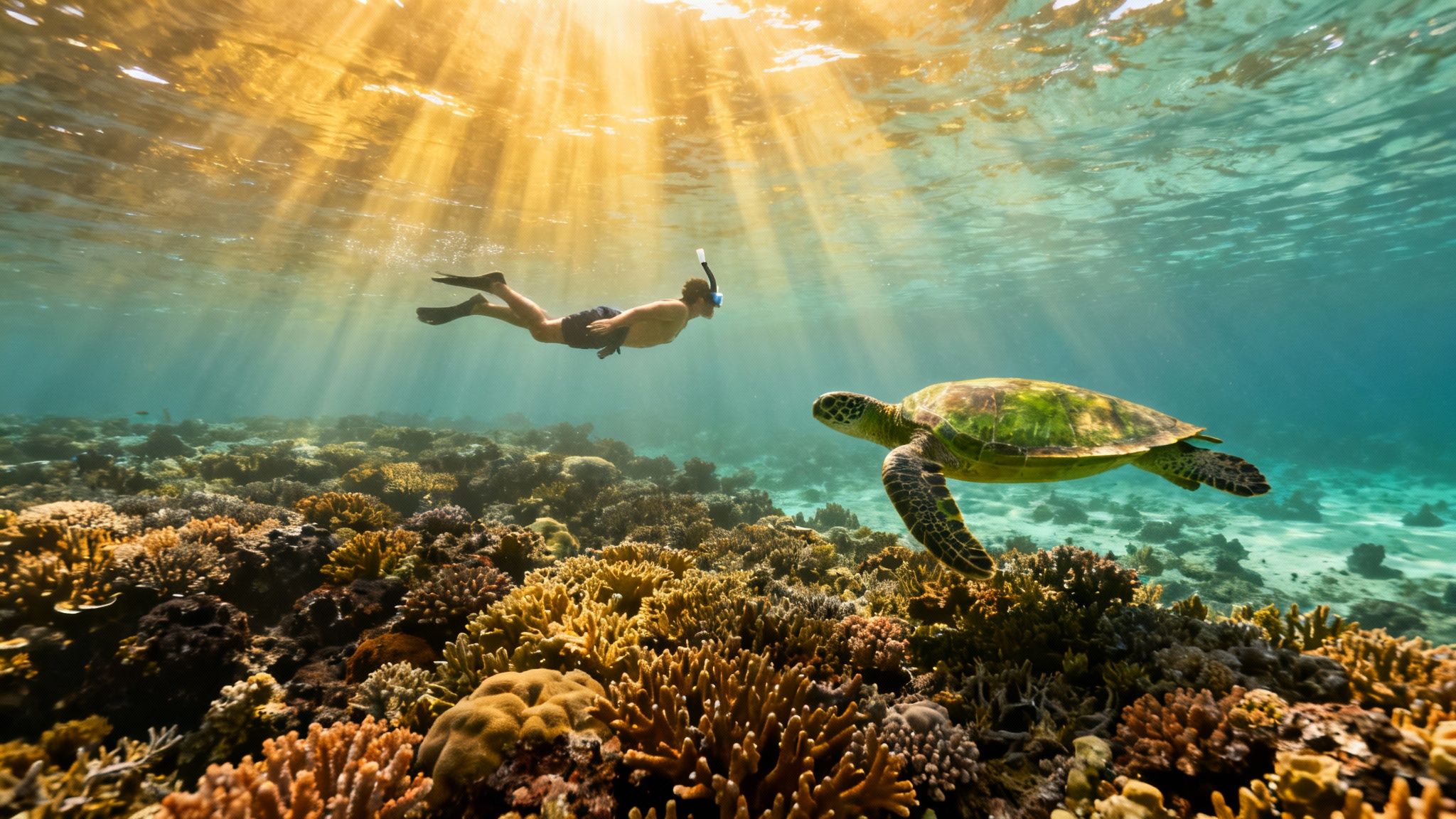 A snorkeler swims near a sea turtle over a vibrant coral reef with sun rays shining through the clear water.