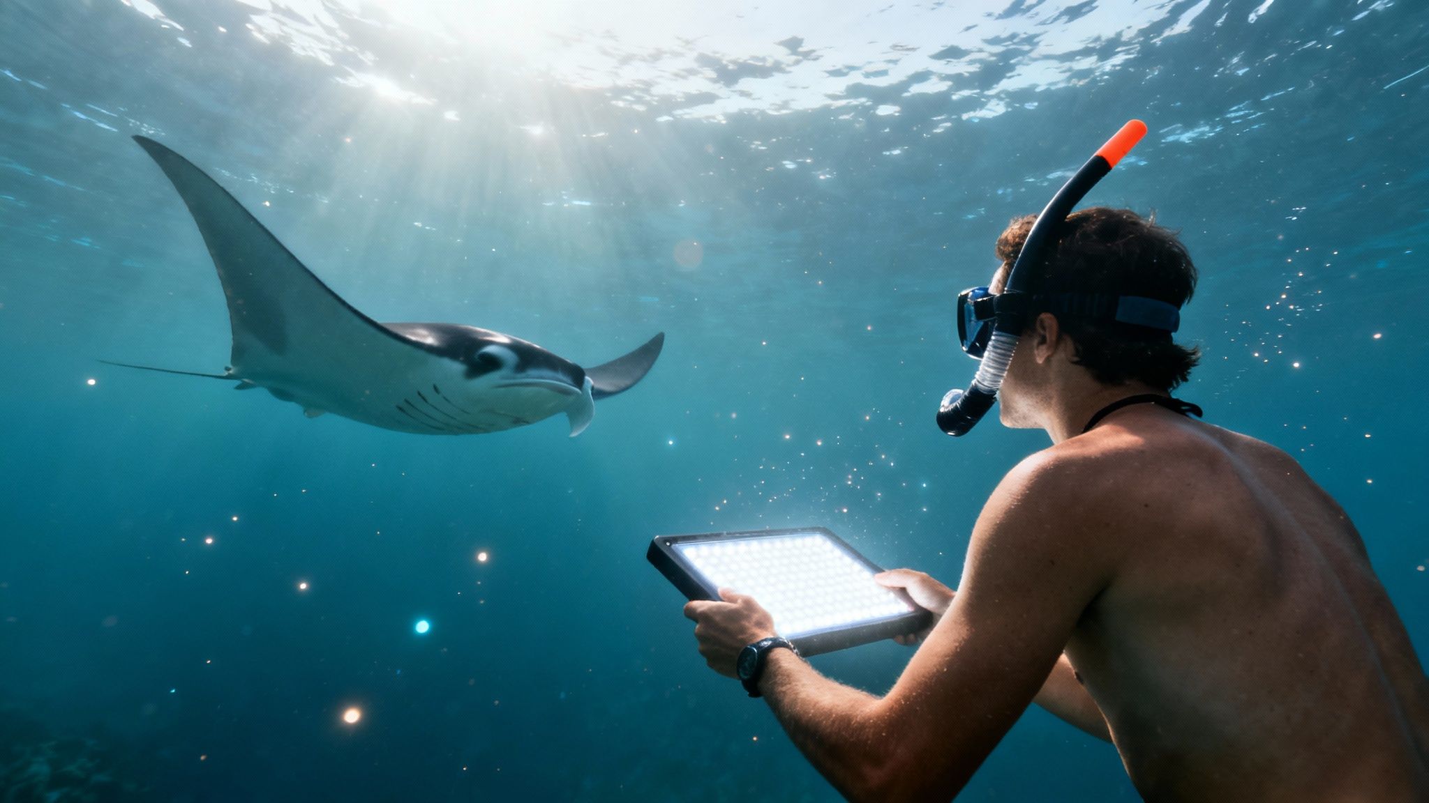 A snorkeler with an underwater light encounters a majestic manta ray in clear ocean waters.