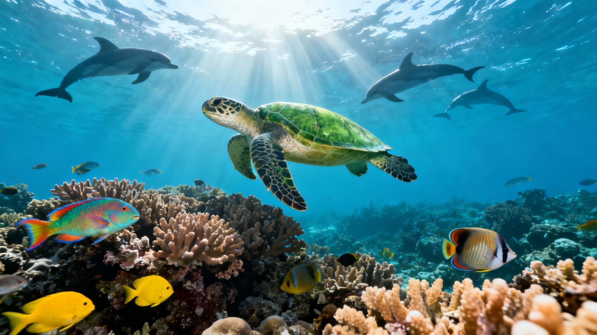 A vibrant underwater scene with a sea turtle, dolphins, colorful fish, and a coral reef.