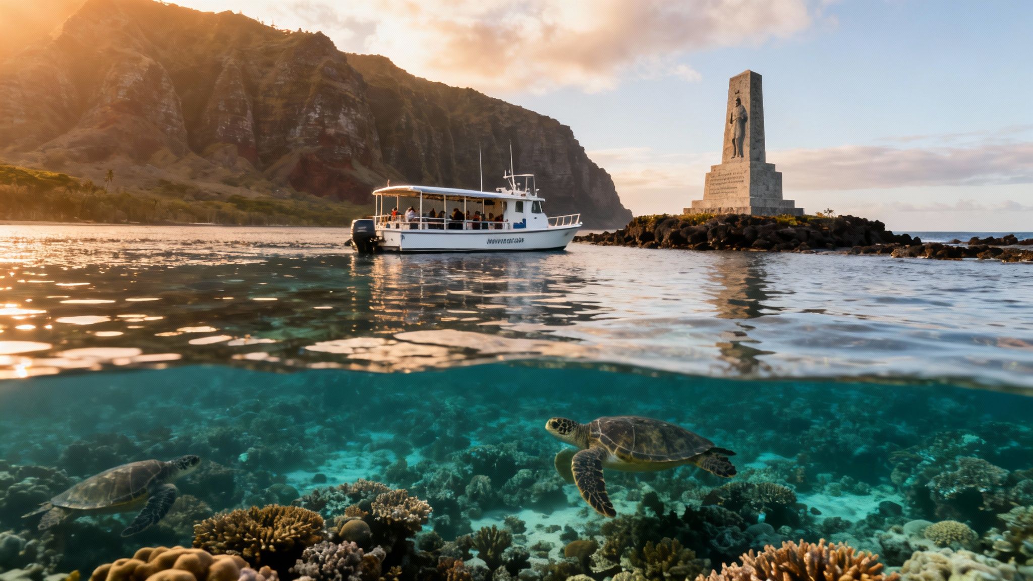 Split-level image showing two sea turtles swimming amongst coral, with a boat and monument above water at sunset.