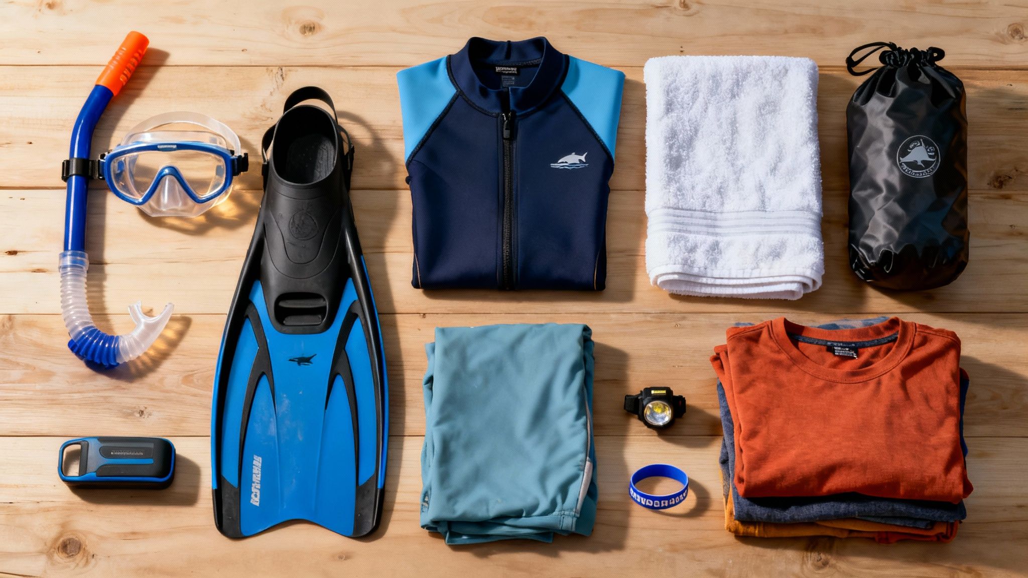 Flat lay of snorkeling and swim gear including fins, mask, snorkel, and rash guard on wood.