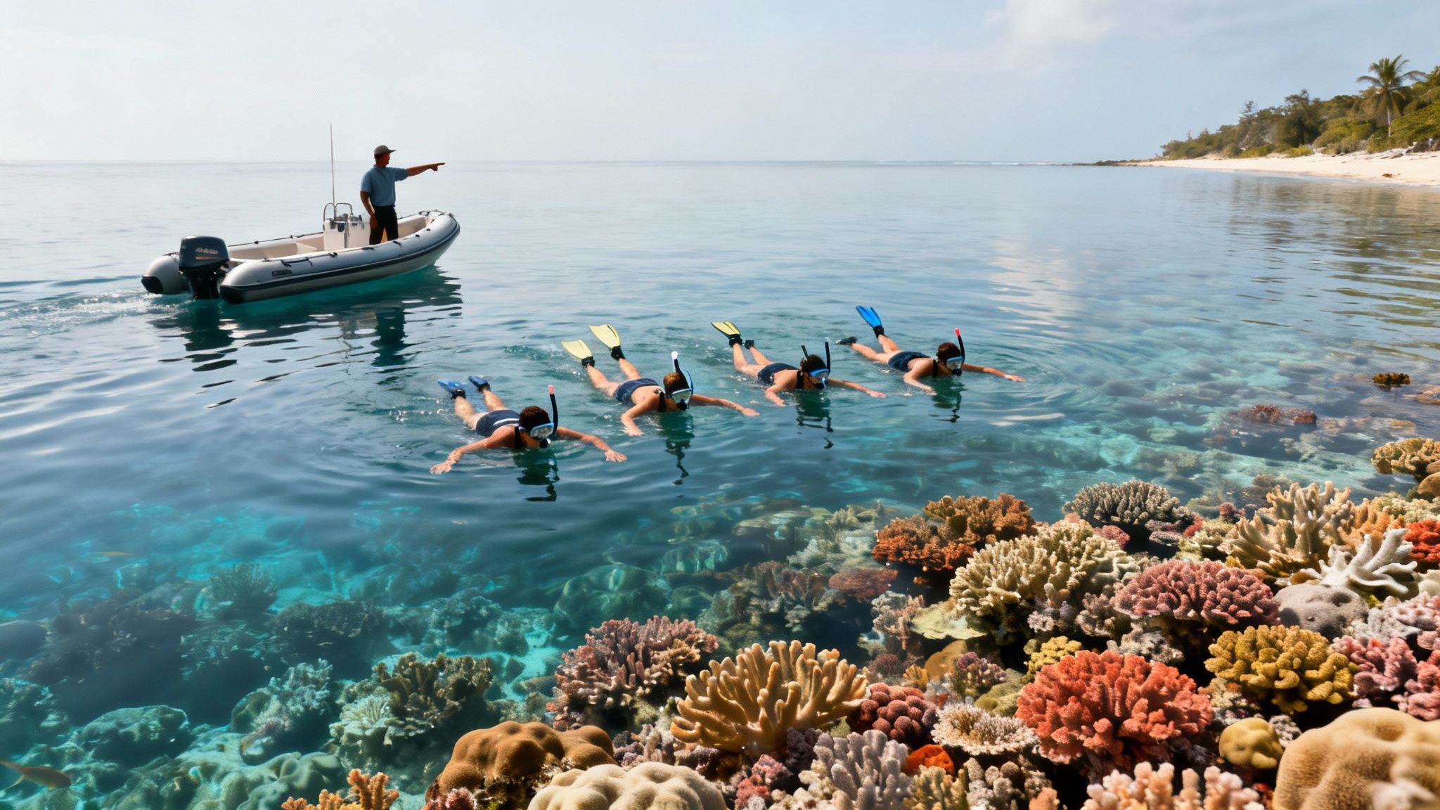 A group of snorkelers with a boat and captain exploring a vibrant coral reef in clear blue water.
