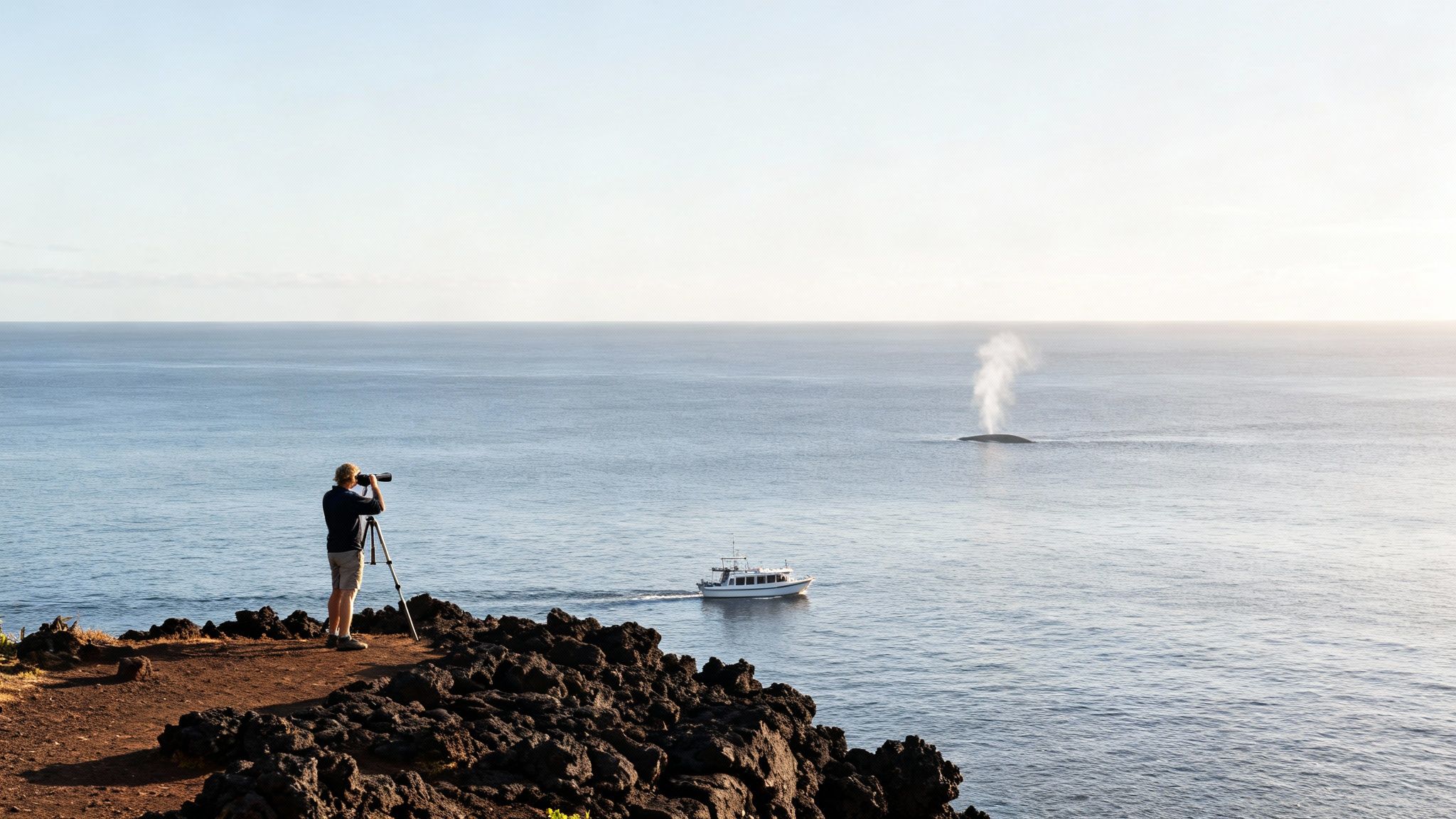 A person with a spotting scope on a rocky cliff watches a whale spouting water in the ocean.