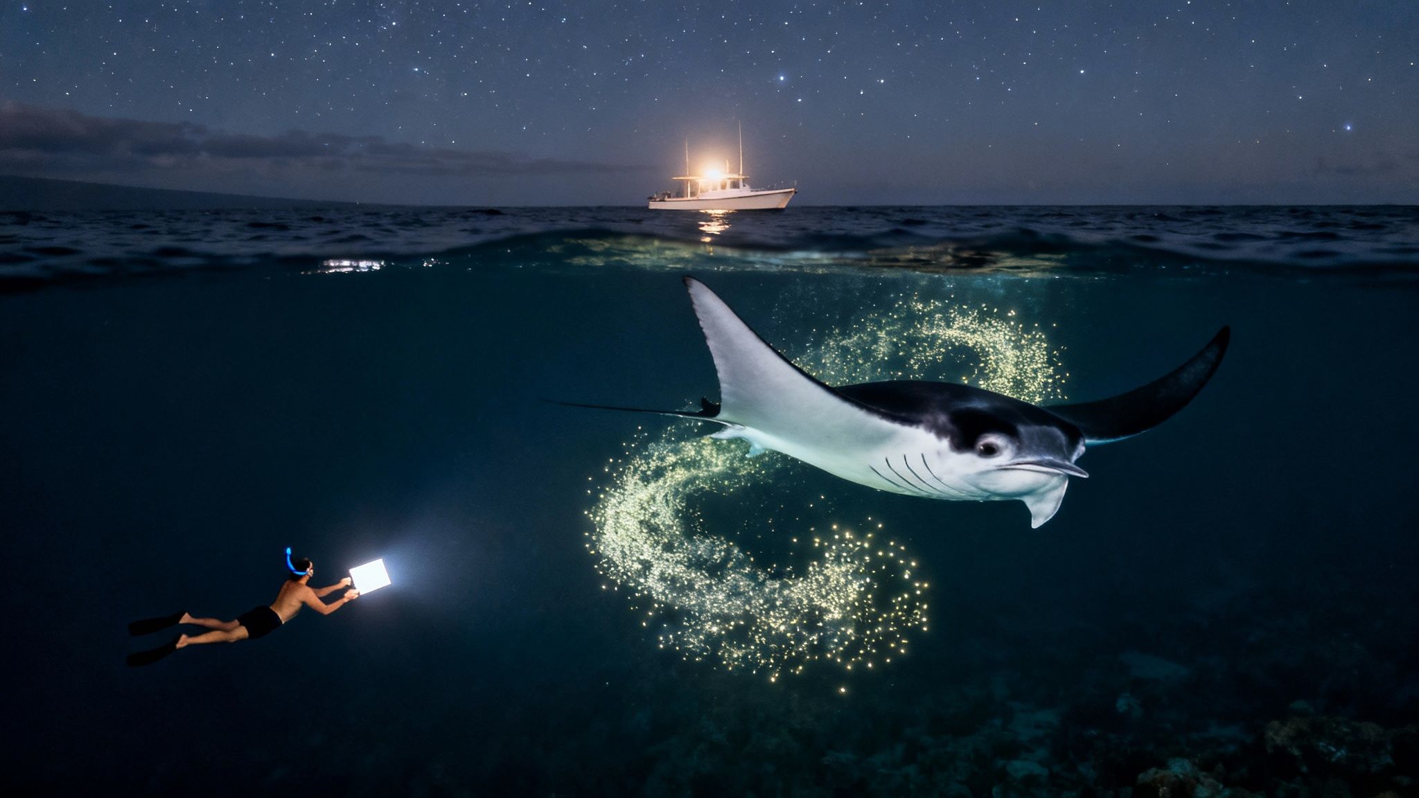 A person snorkeling at night illuminates a majestic manta ray underwater, with a starry sky above and a boat.