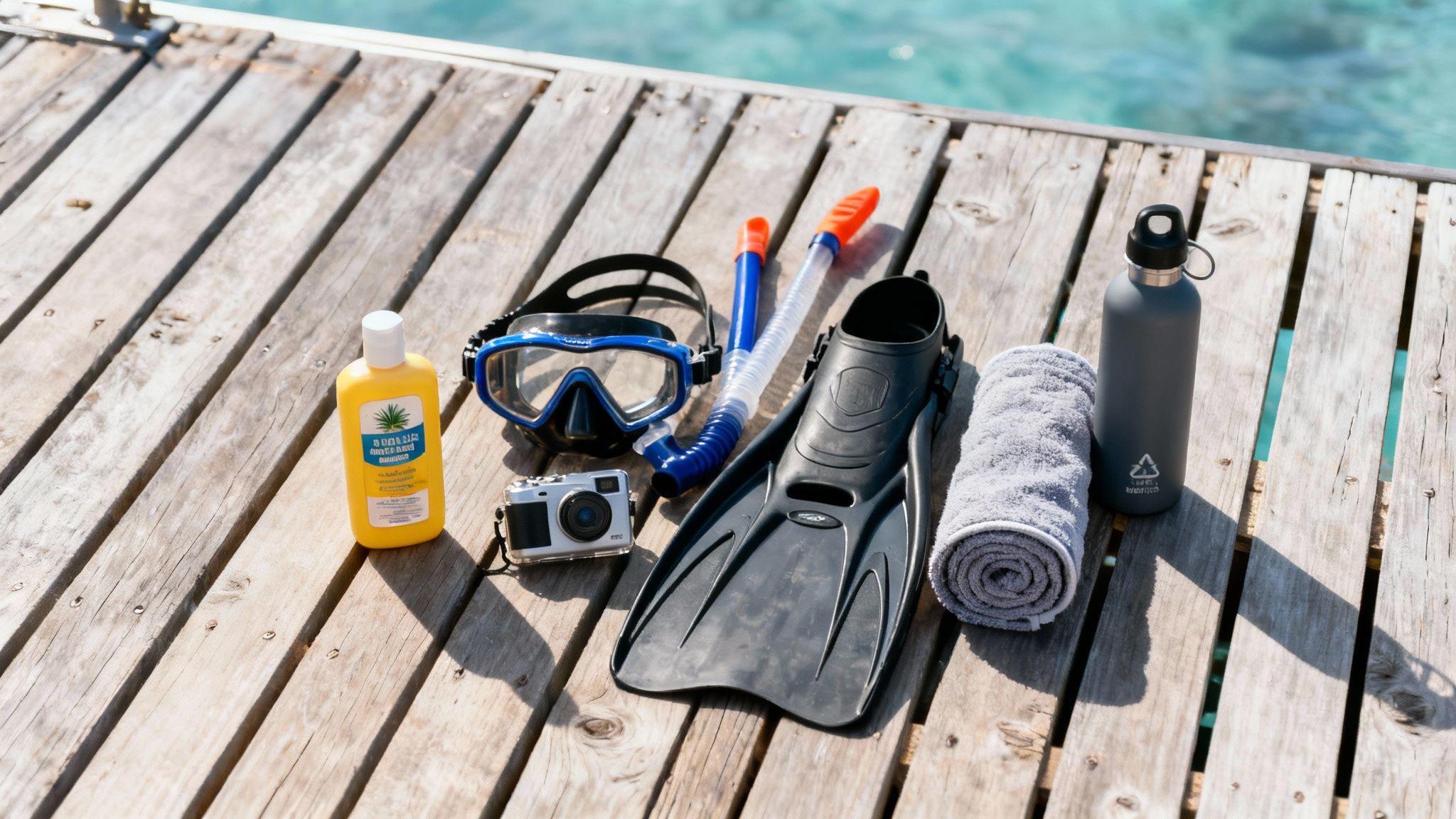 Snorkeling gear, including mask, snorkel, fin, camera, and water bottle, on a wooden pier by the ocean.