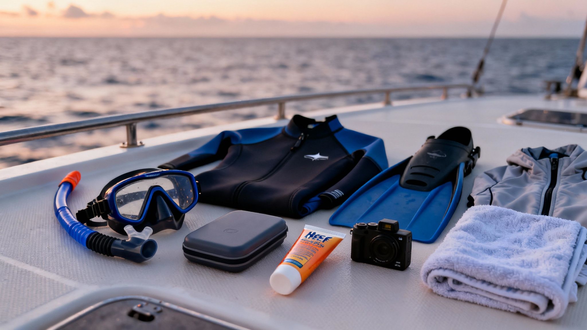 Snorkeling gear including mask, snorkel, fins, wetsuit, camera, and towel on a boat deck.