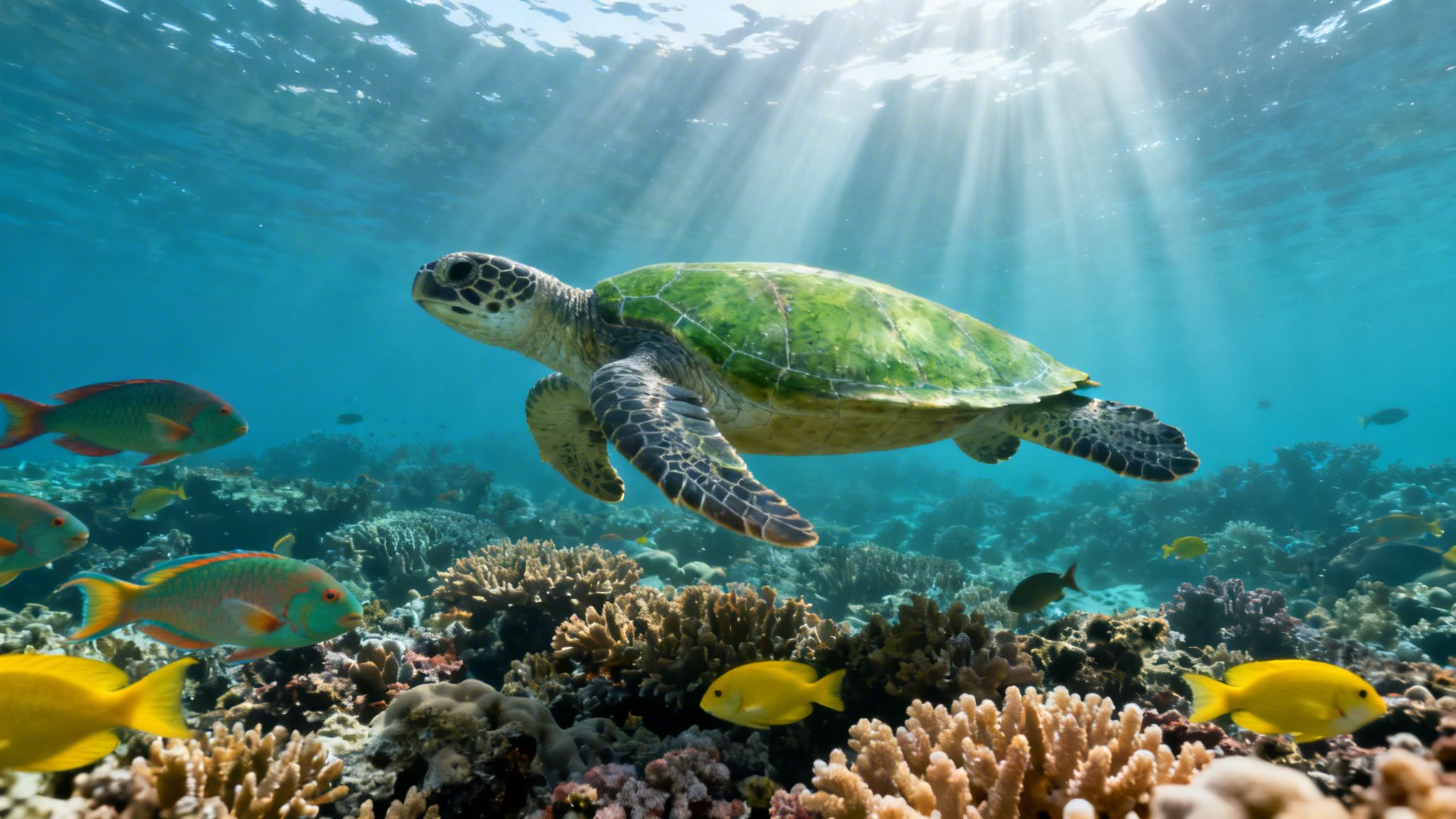A green sea turtle swims over a vibrant coral reef with colorful fish and sun rays.