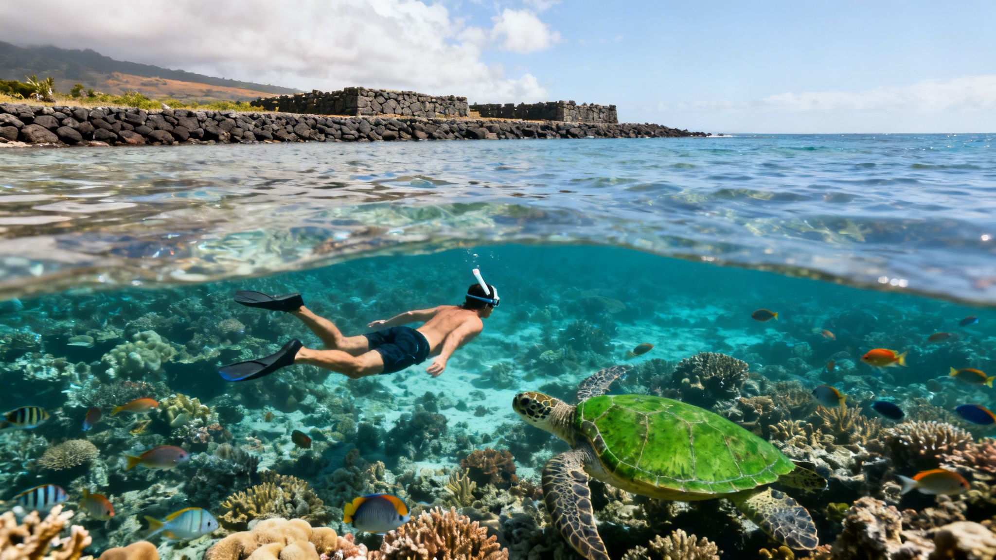 A split view image showing a person snorkeling with a sea turtle in a vibrant coral reef, with a tropical coastline above water.