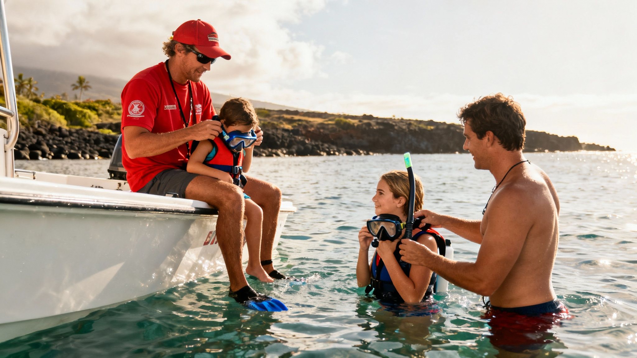 Two adults help children put on snorkeling gear from a boat in beautiful tropical waters.