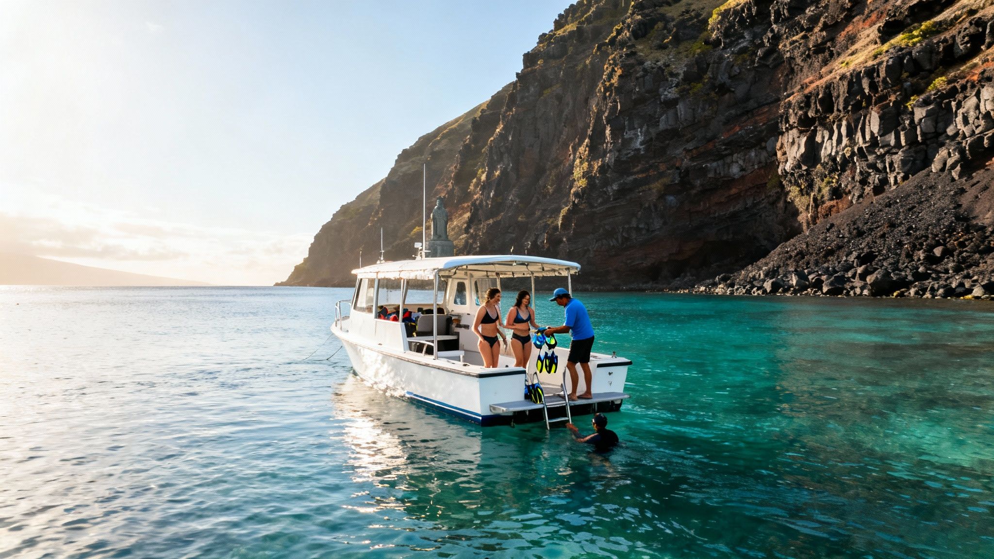 Tourists on a boat in Captain Cook Bay, preparing to snorkel in clear turquoise water near a cliff.