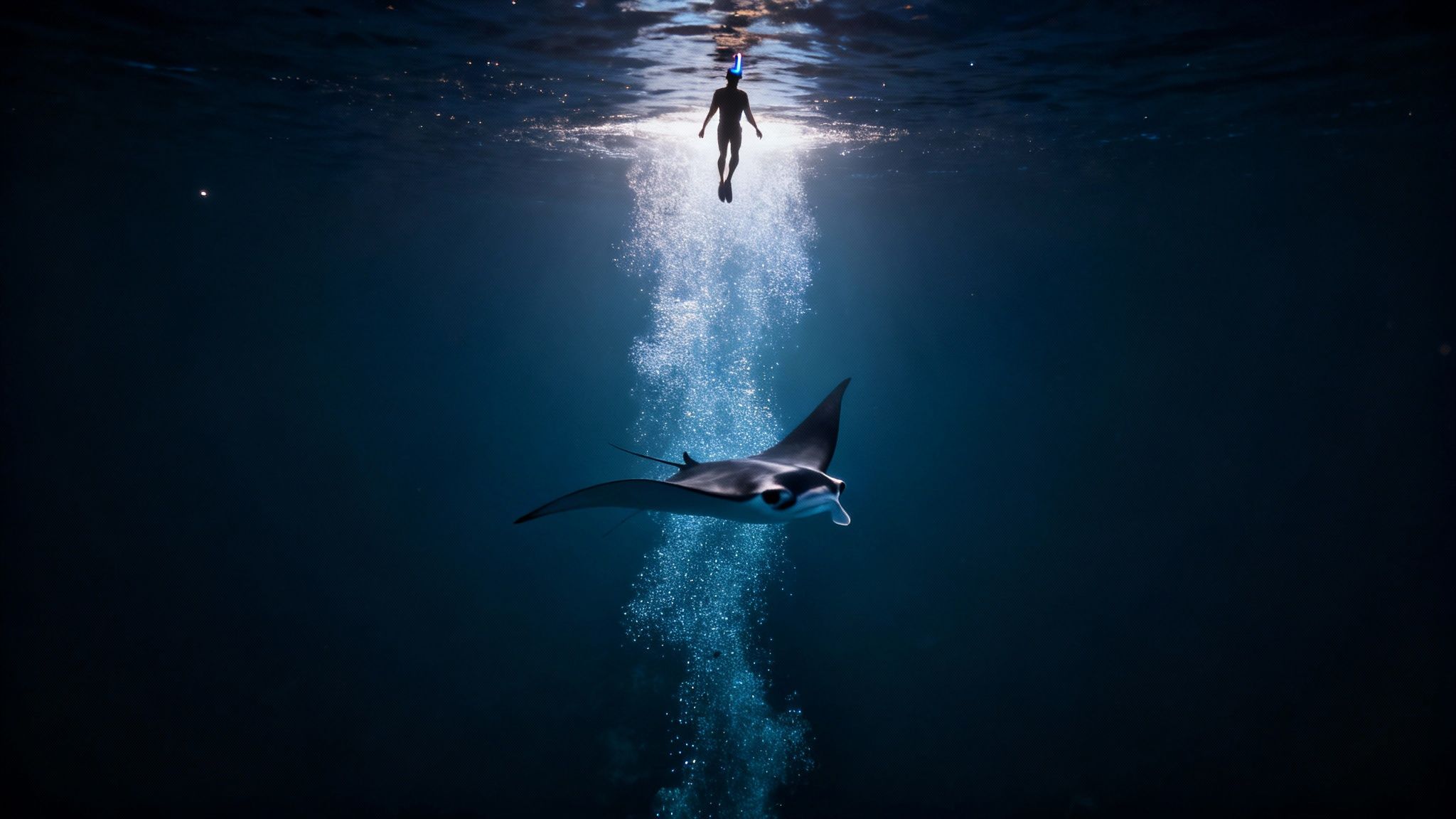 Underwater scene with a snorkeler at the surface and a large manta ray gracefully swimming below.