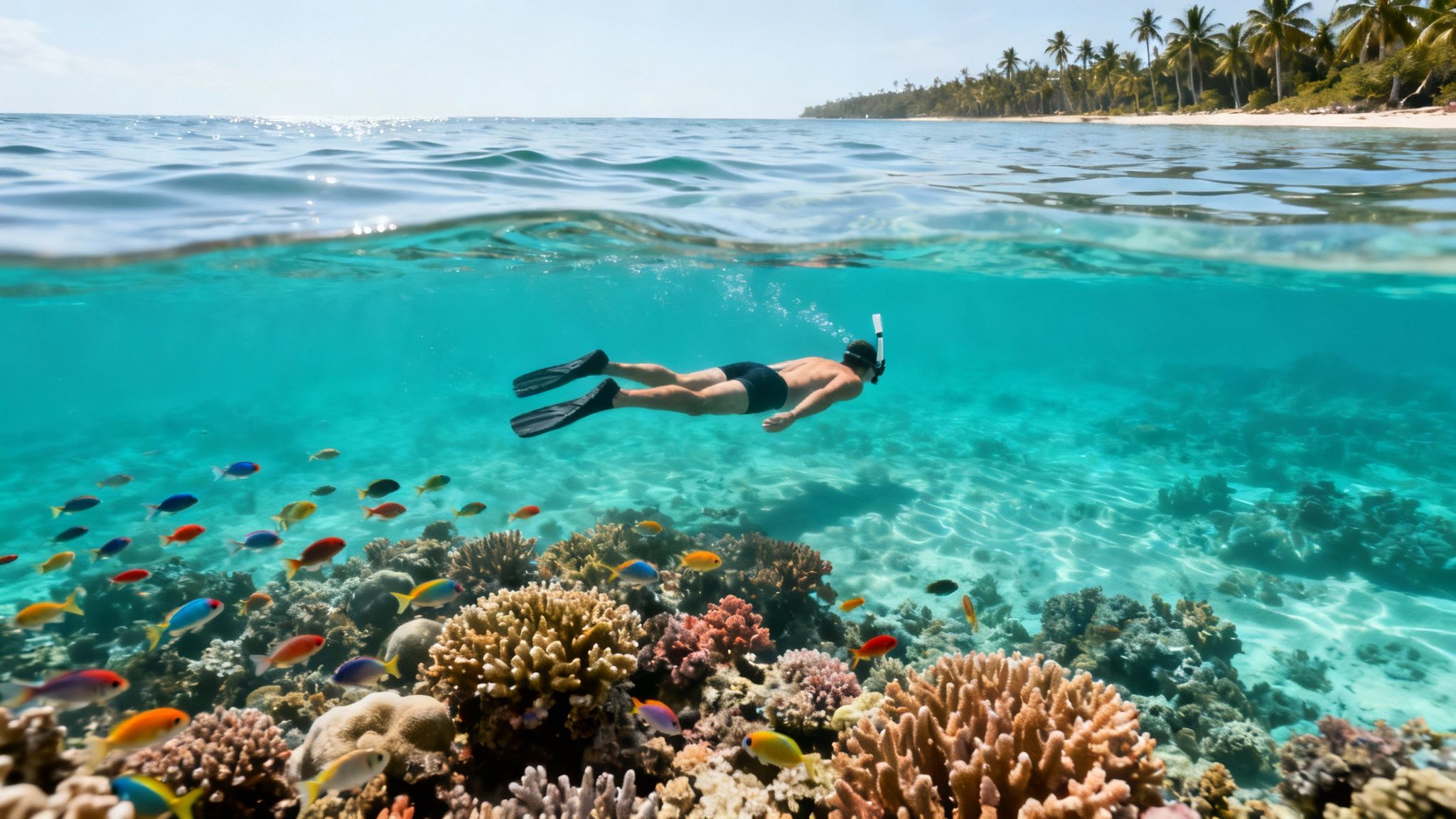 A man snorkels over a vibrant coral reef filled with colorful fish, near a tropical beach.