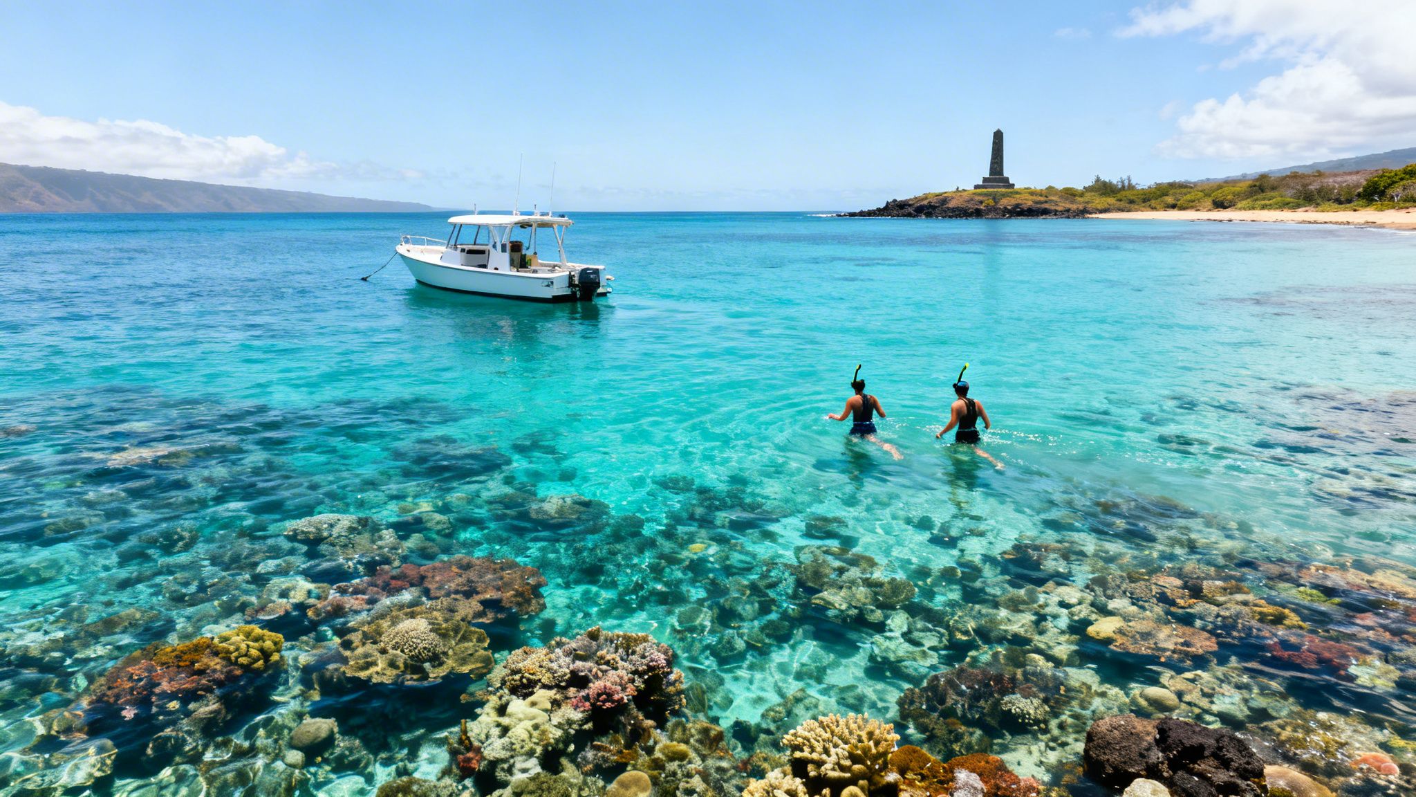 Two people snorkeling in clear turquoise water with coral reefs, a boat, and a monument on the shore.