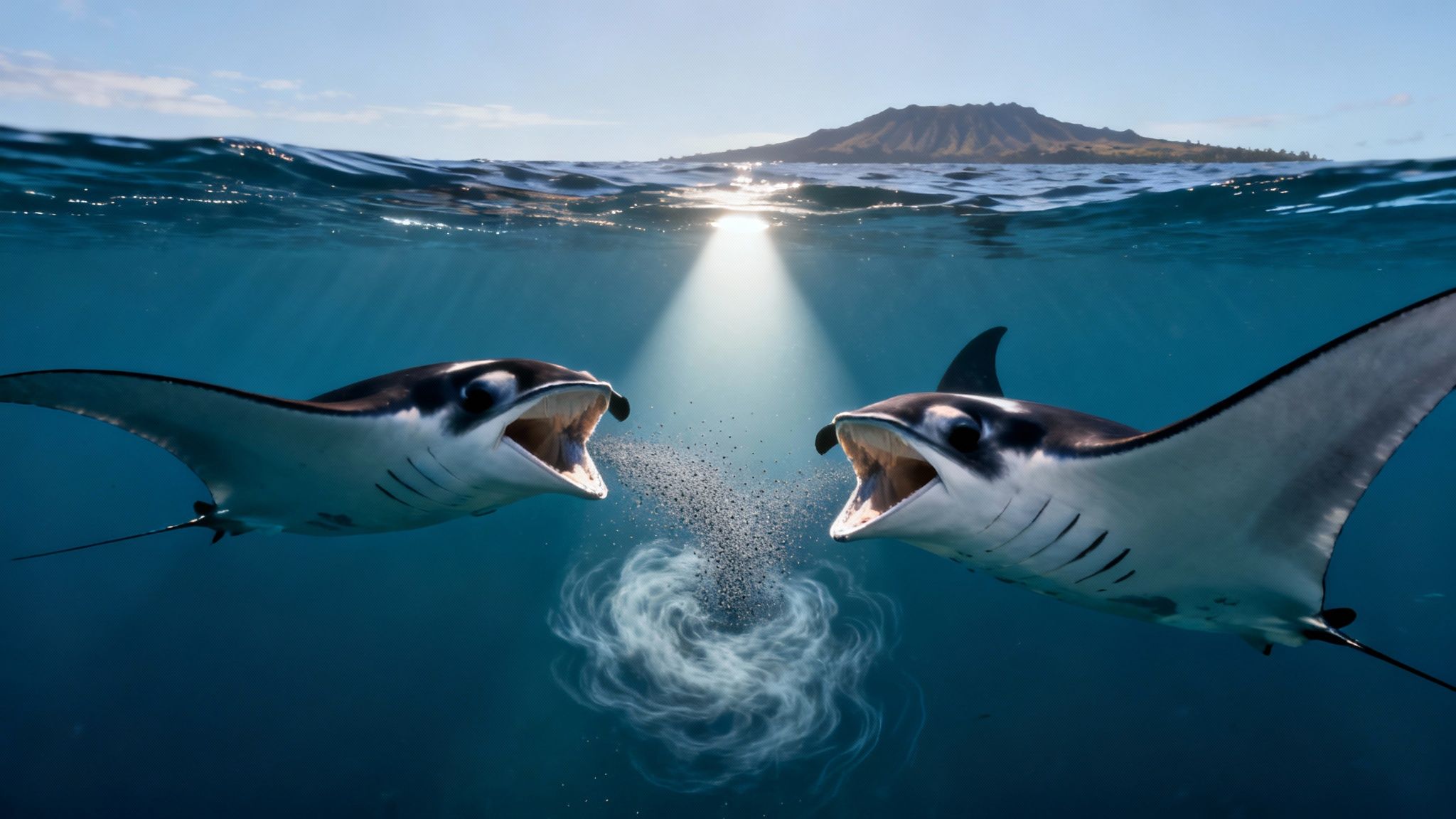 Two manta rays feeding on plankton underwater, with a sunlit ocean surface and island above.