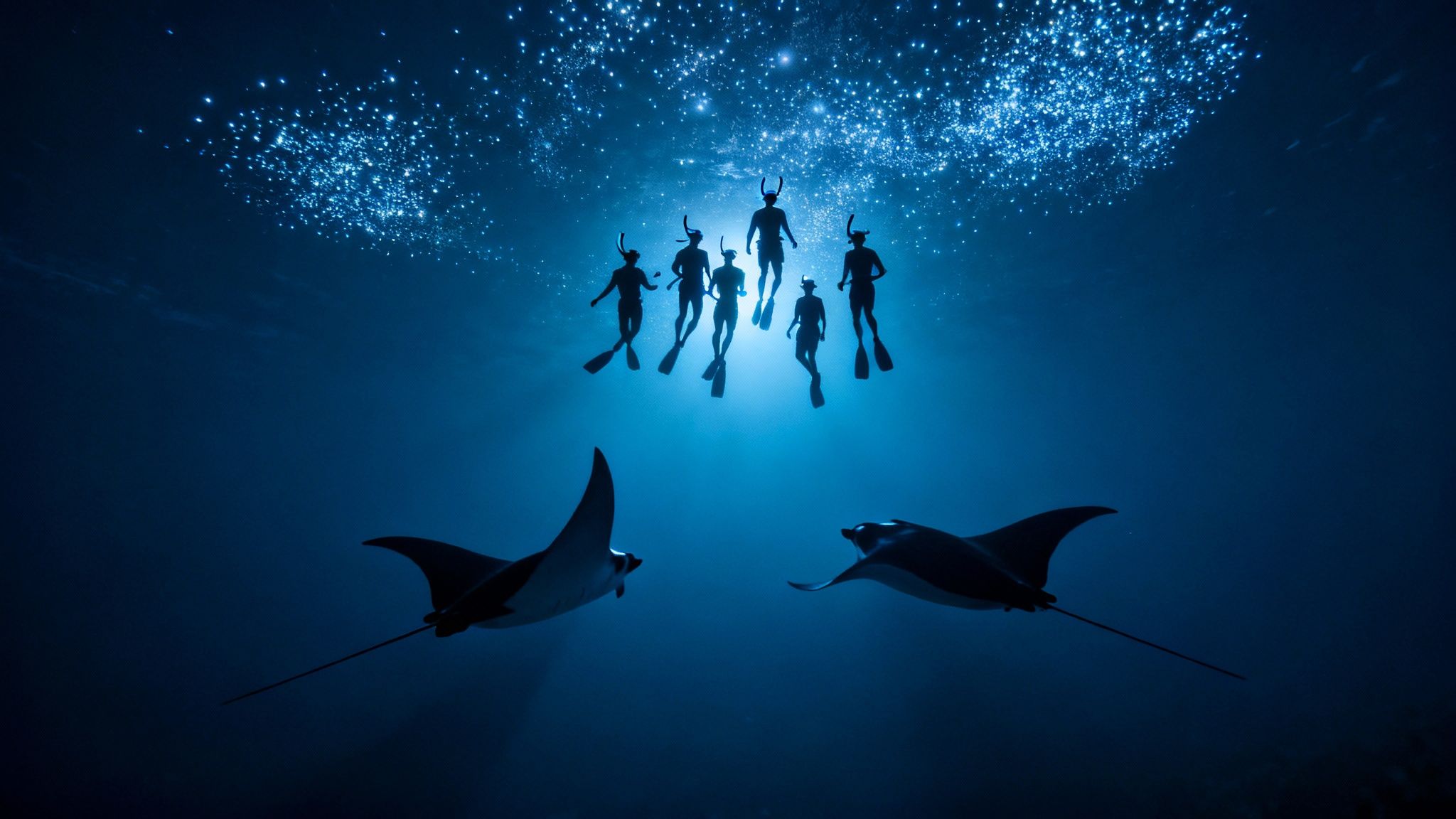 Silhouetted snorkelers with horn-like headwear observe two majestic manta rays in sparkling blue water.