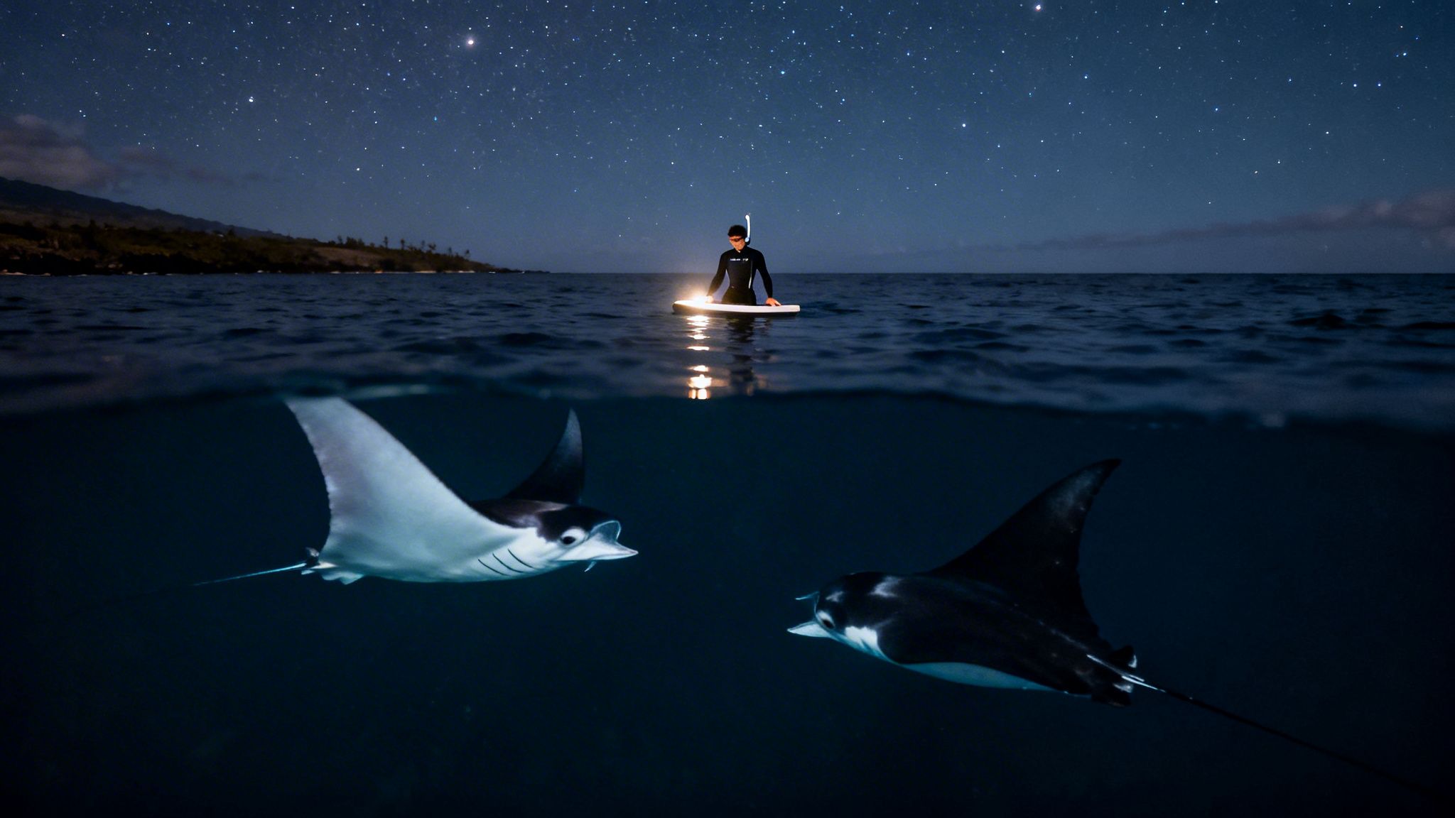 A diver on a lighted paddleboard observes two manta rays under a starry night sky.