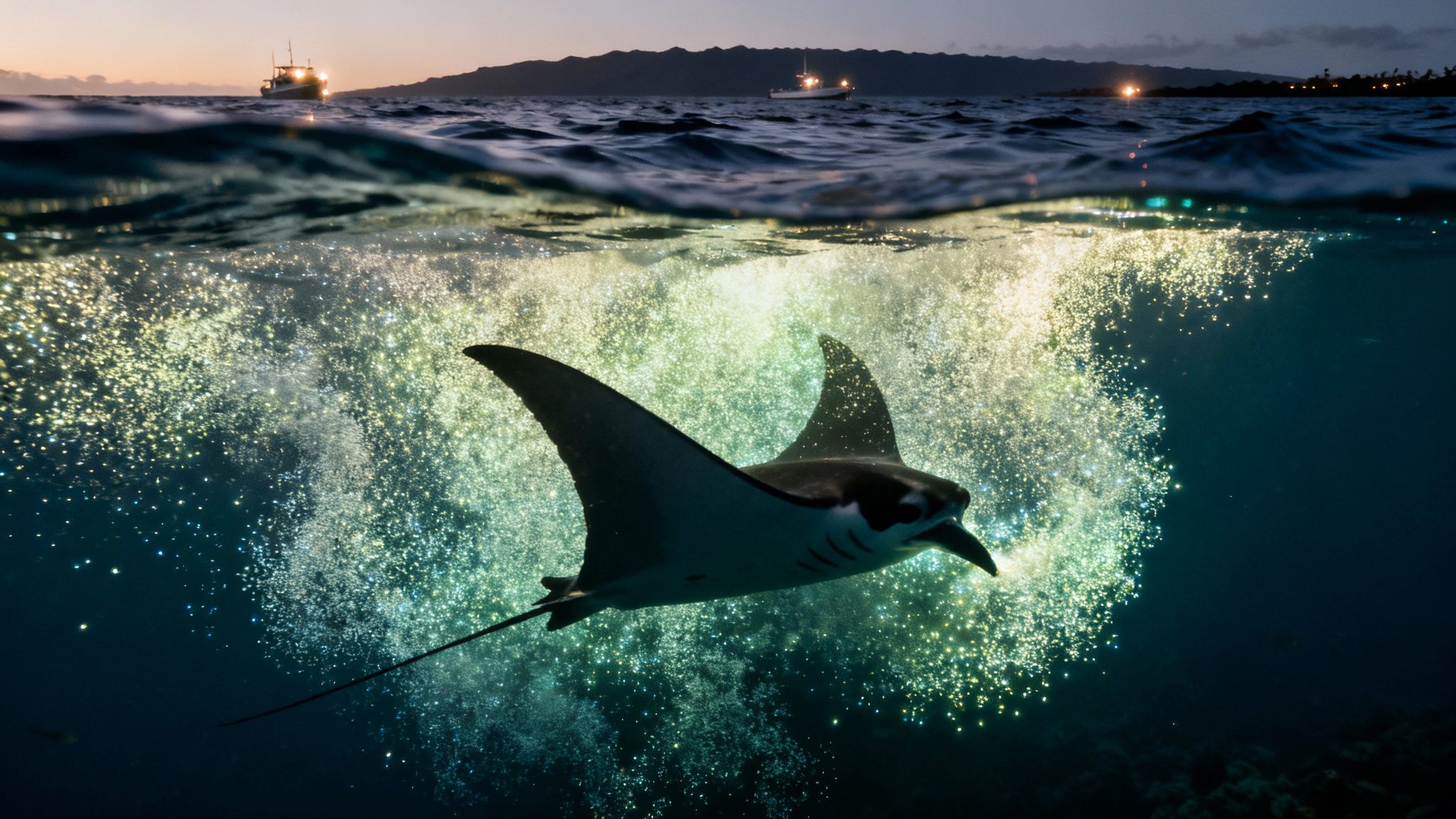 A majestic manta ray glides through sparkling bioluminescent waters at night, with boats above.