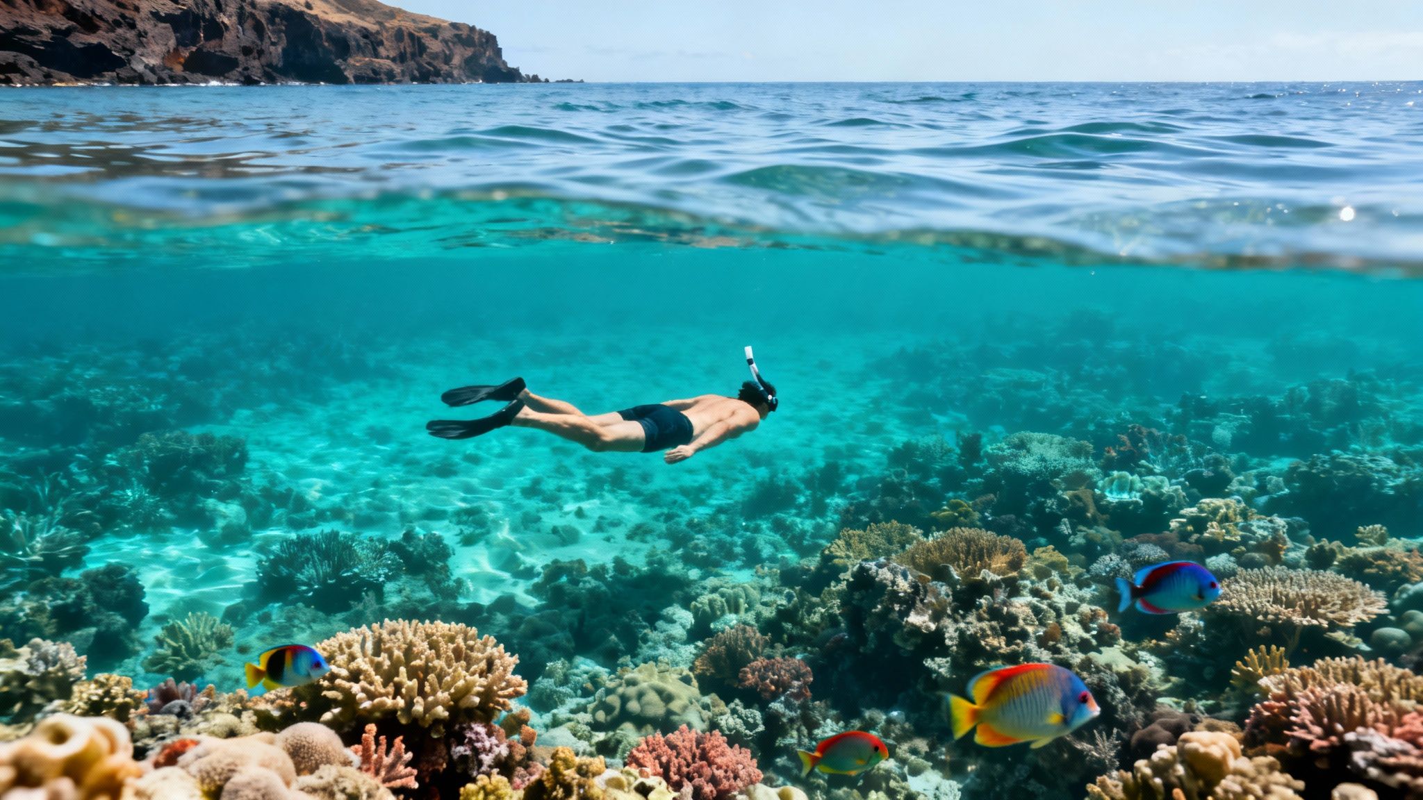 Underwater split view of a man snorkeling above a vibrant coral reef with colorful fish and an island coastline above.