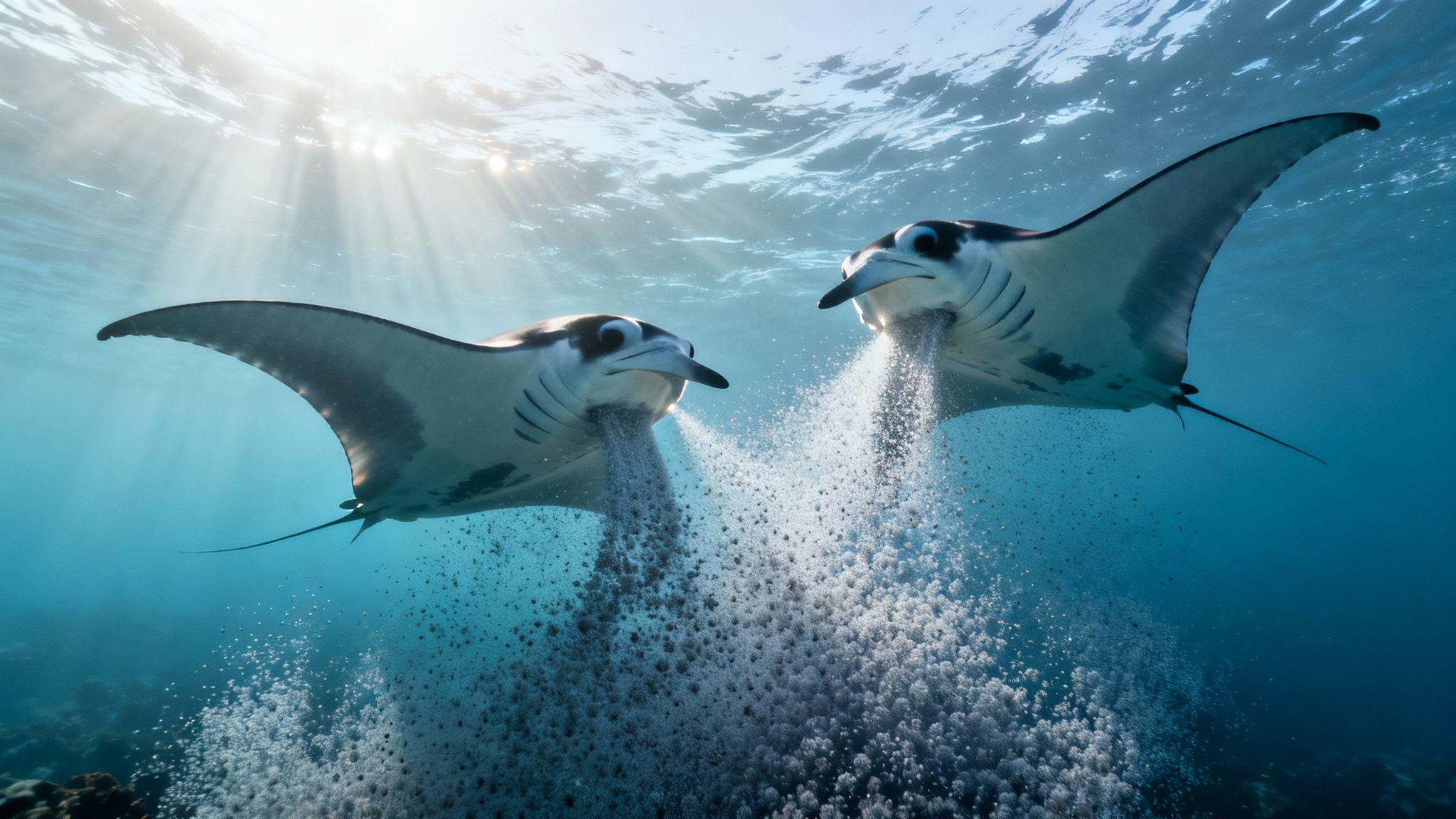 Manta rays feeding under lights at night
