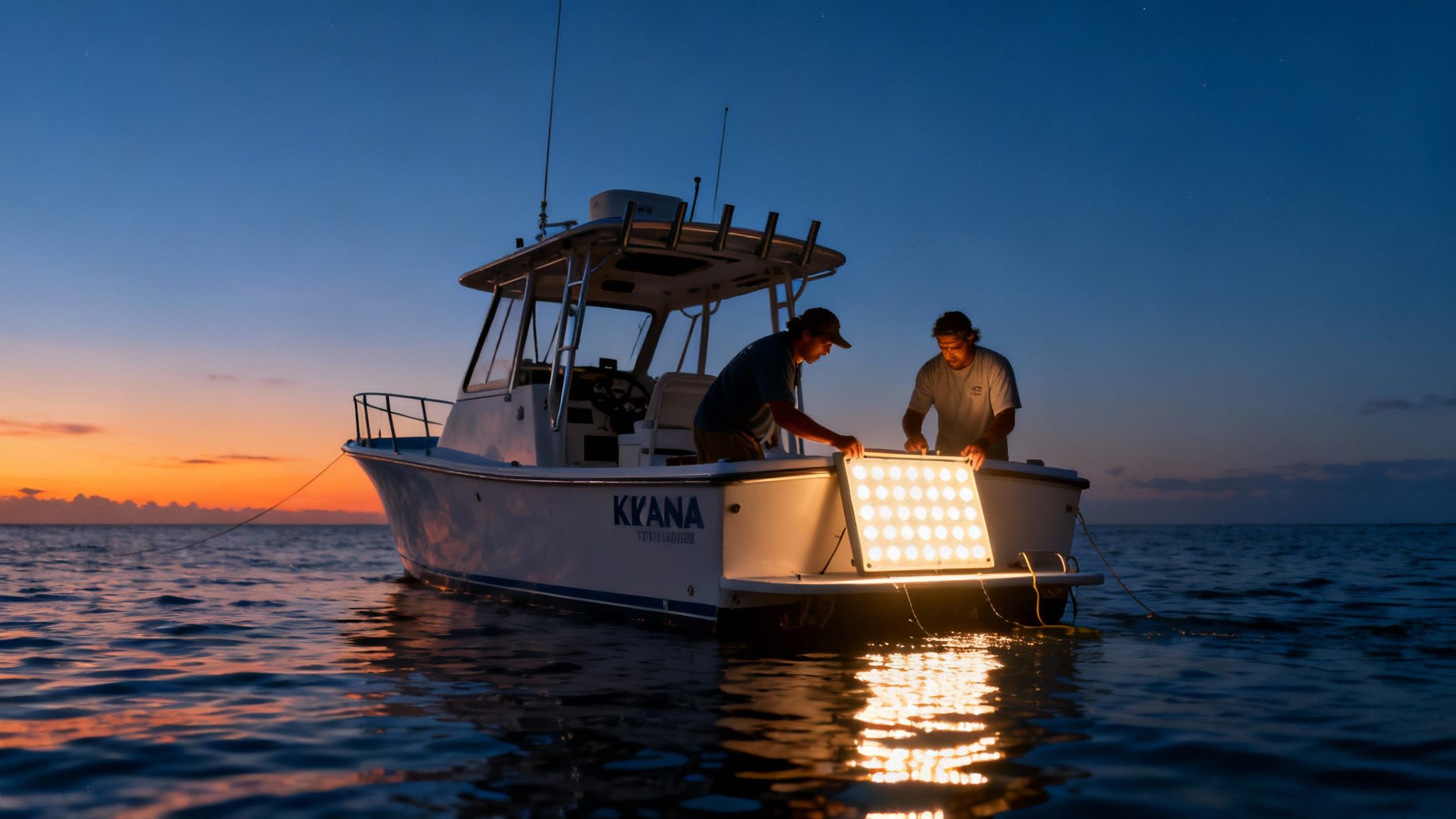 Two men on a boat at twilight, adjusting a large, bright light panel illuminating the water.