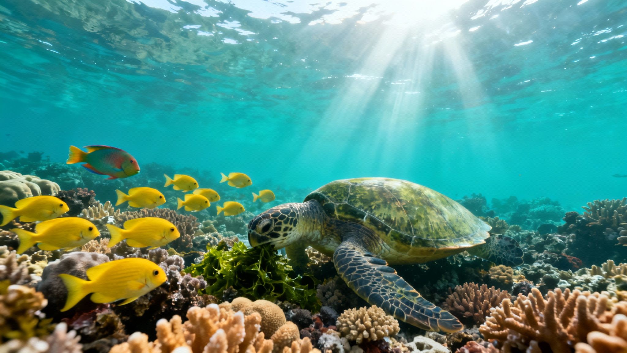 A vibrant underwater scene with a green sea turtle eating seaweed on a coral reef, surrounded by colorful fish and sun rays.