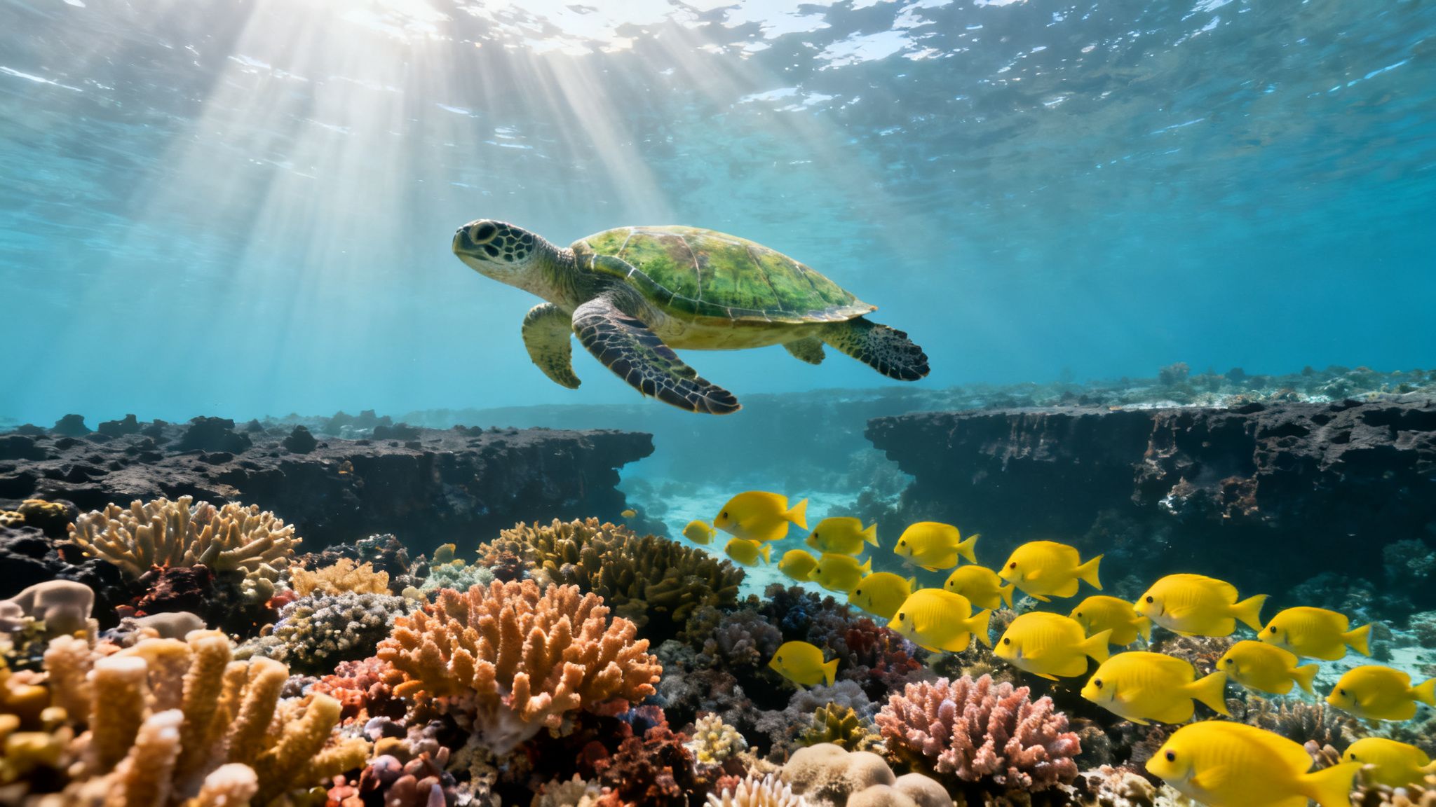 A majestic green sea turtle swims gracefully above a vibrant coral reef teeming with yellow fish.