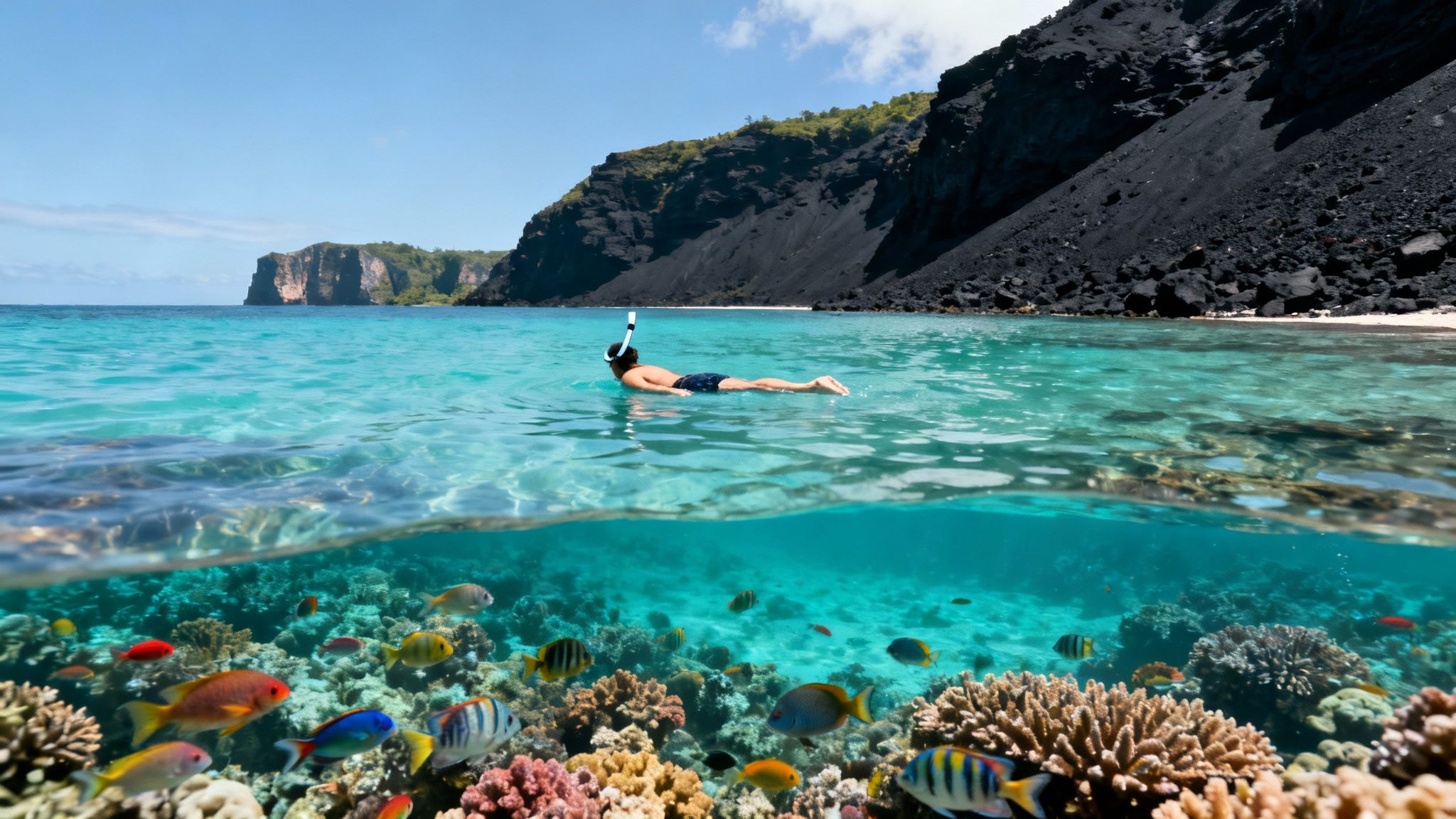 A group of snorkelers enjoying the clear blue waters of the Big Island.