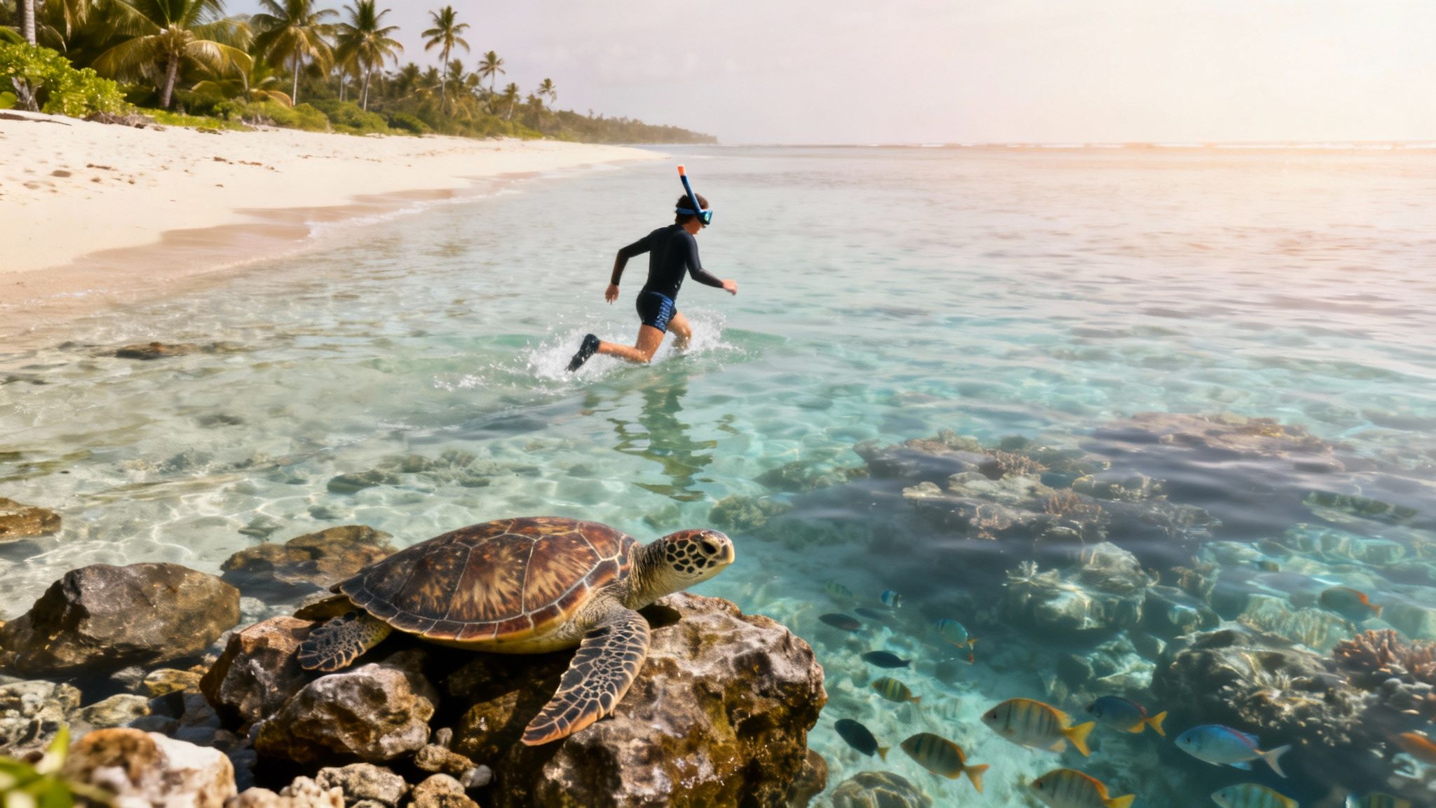 A person with snorkel gear runs into clear tropical ocean water with a sea turtle on rocks.