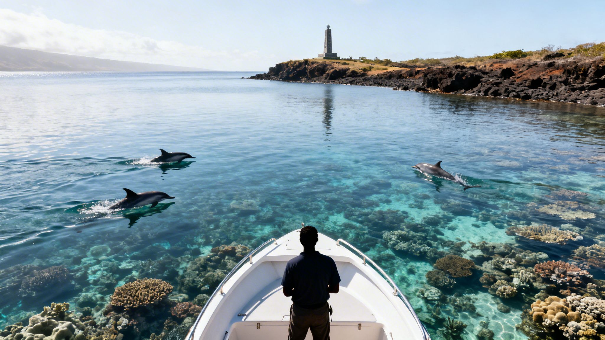 A person on a boat views three dolphins swimming in crystal-clear water with vibrant coral reefs and a distant monument.