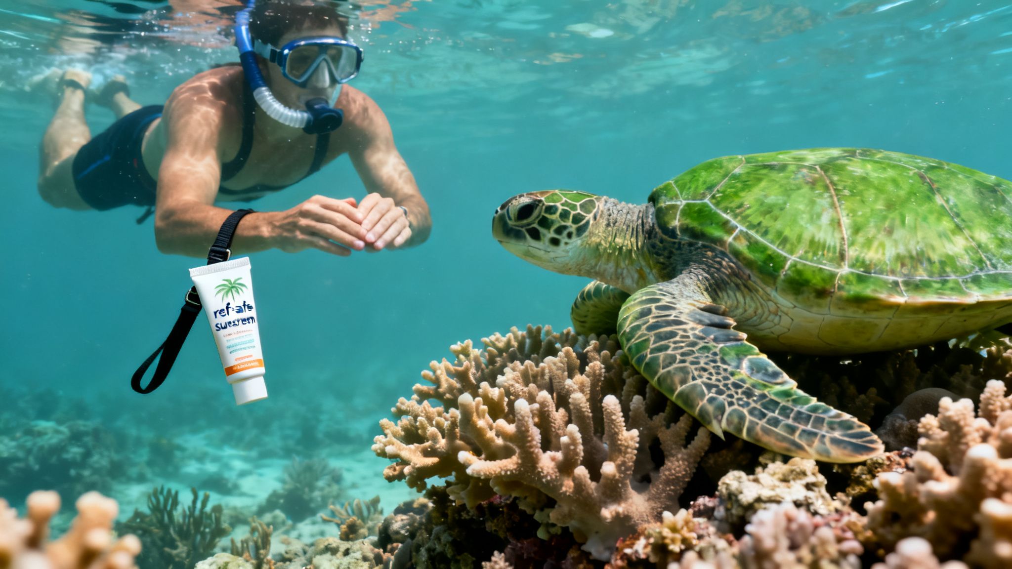 A snorkeler observes a green sea turtle resting on coral, with reef-safe sunscreen.
