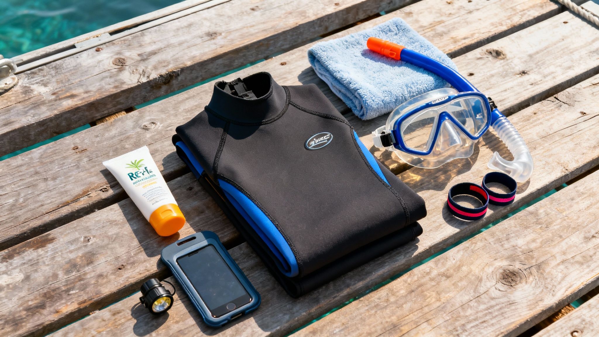 Snorkeling gear and essentials, including a wetsuit, mask, snorkel, and sunscreen, on a wooden dock.