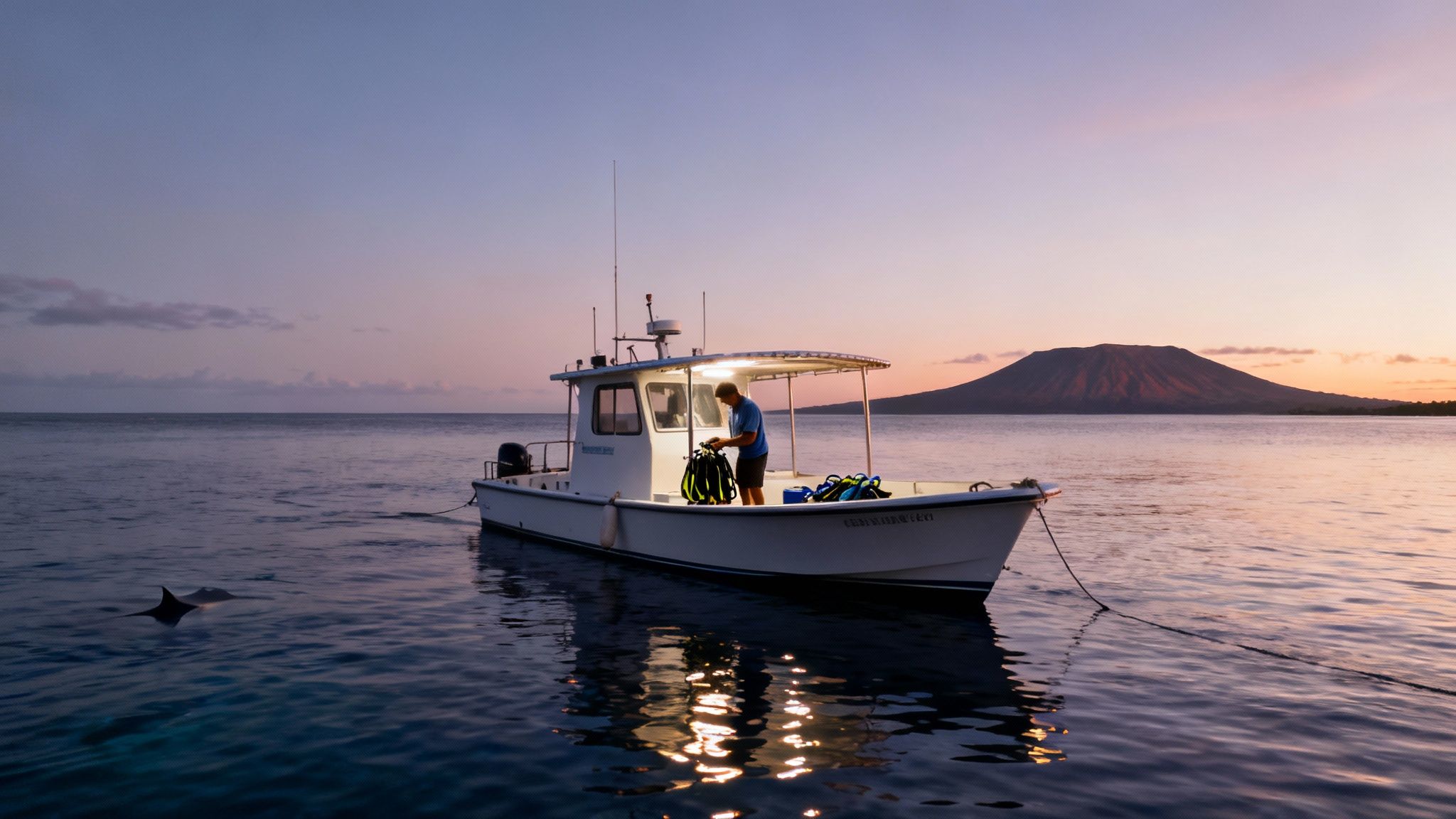 A snorkeler watching a giant manta ray swim gracefully in the illuminated water at night.