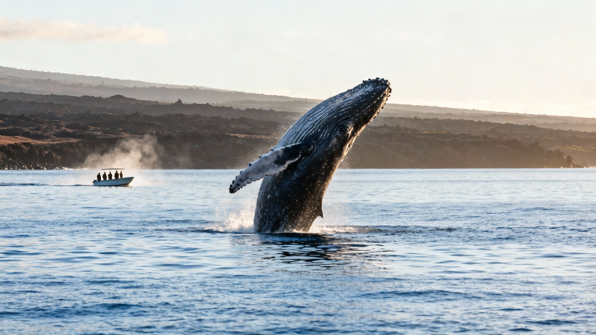 Majestic humpback whale breaches out of the ocean near a boat with spectators, volcanic coast in the distance.