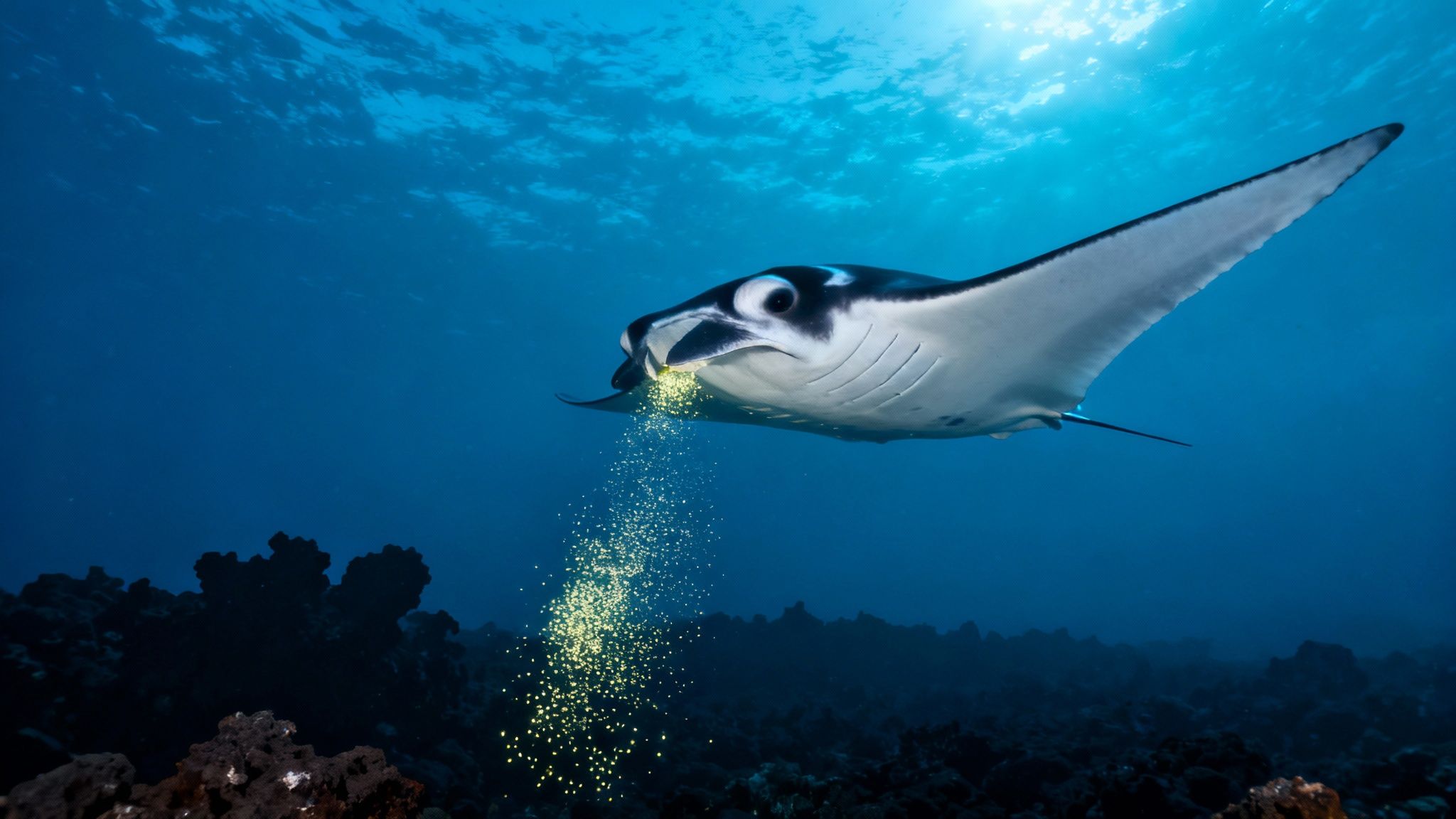 A group of snorkelers hold onto a light board as a large manta ray swims gracefully beneath them in the dark Kona water.